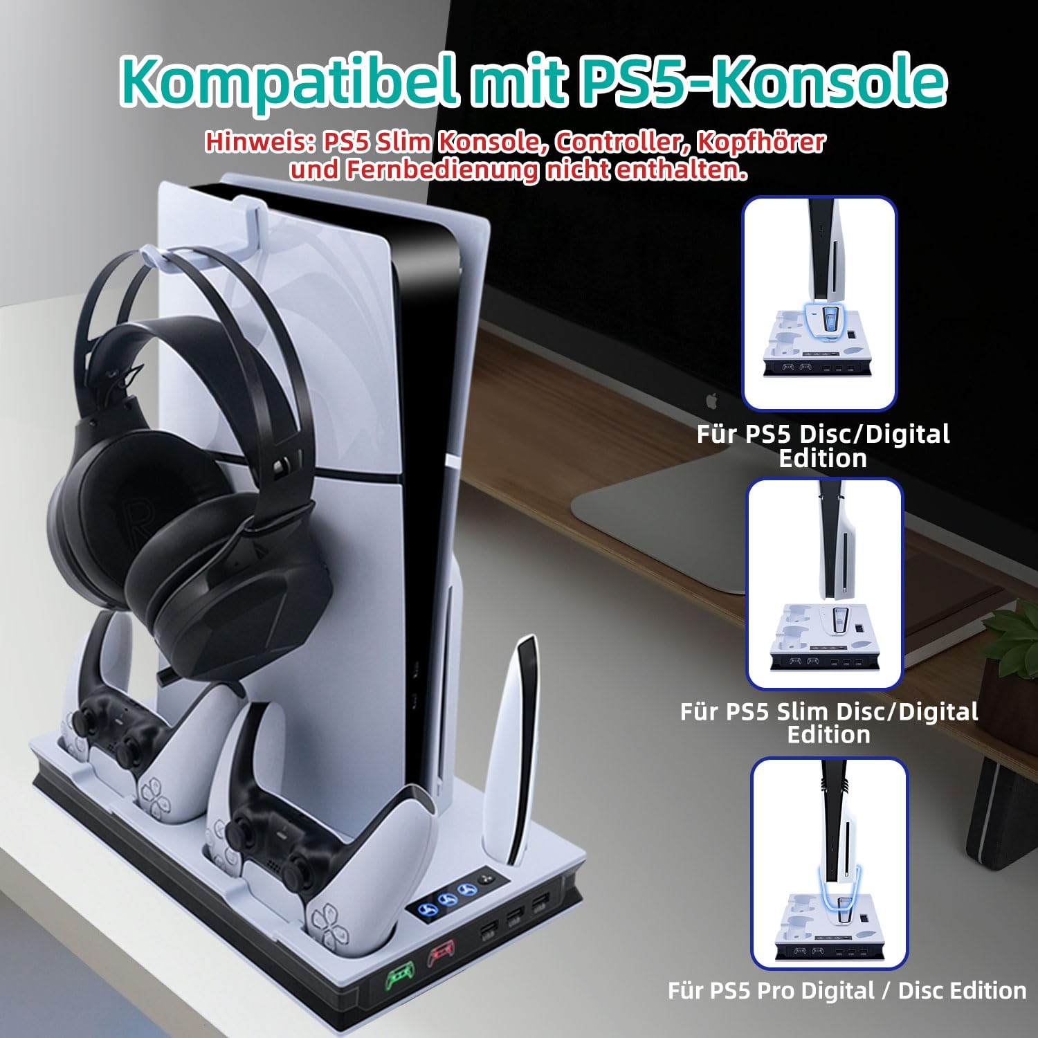 PS5/PS5 Slim/ps5 Pro Standfuß mit Lüfter - Ladestation für Dual Controller mit 3 USB Hubs - Vertikale Kühlstation mit 3 Stufen Kühler und Magnet Ladestecker für UHD & Digital Edition