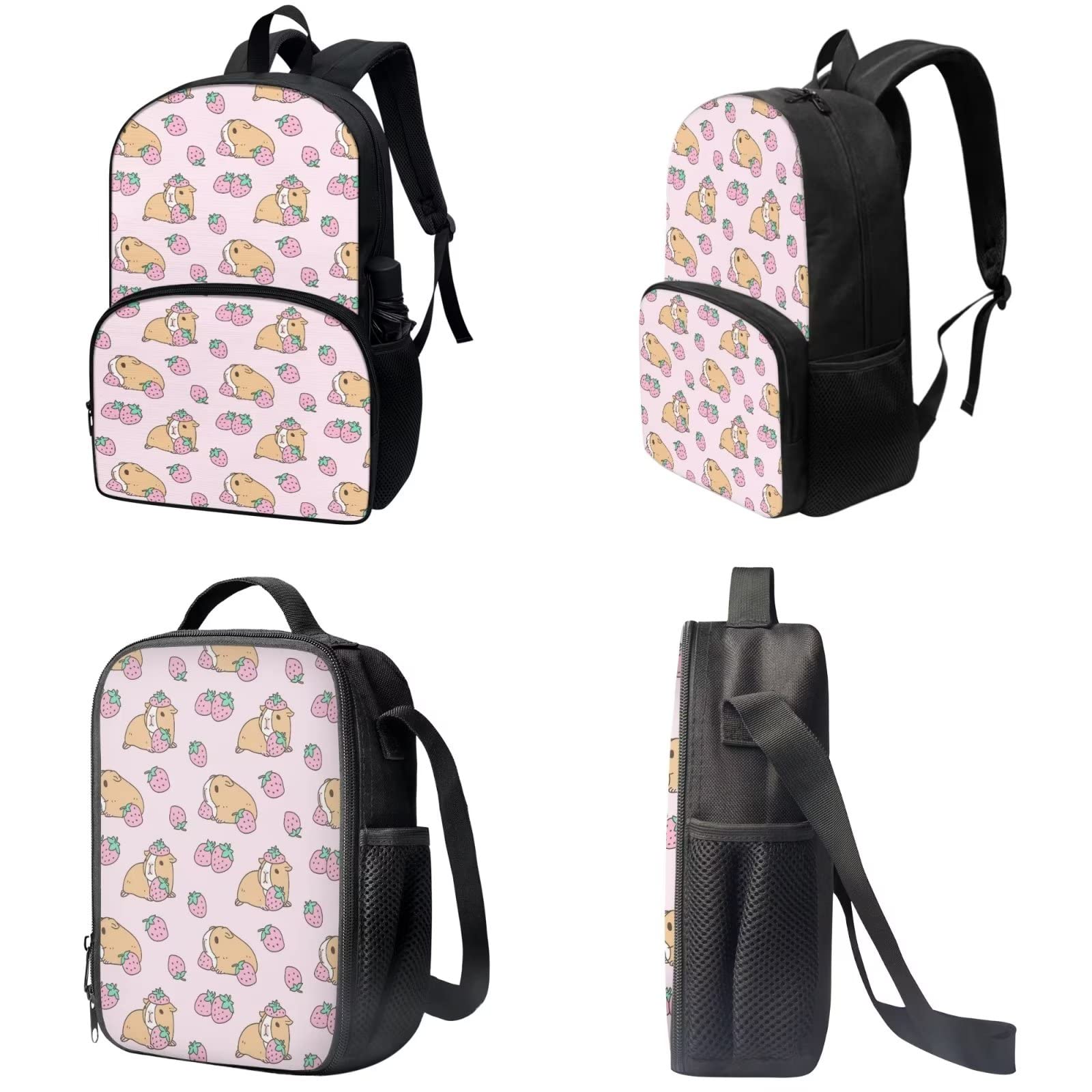 Poceacles Schultasche und Lunchbox-Set für Teenager, Jungen, Grundschule, Büchertasche, Federmäppchen für Grundschulkinder, Erdbeere Meerschweinchen, Einheitsgröße