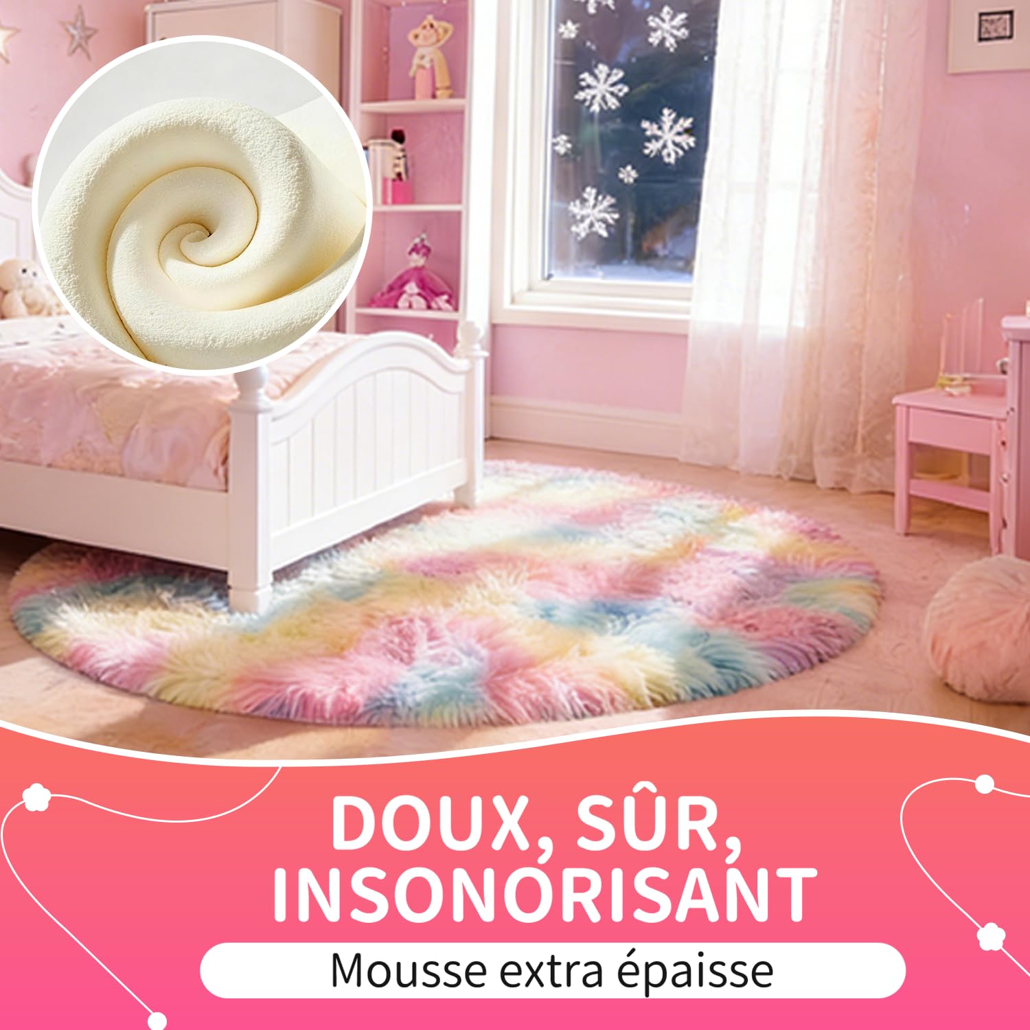 Tapis Rond 120 CM Arc-en-Ciel Tapis Chambre Fille Lavable Antidérapant Ultra-Doux Moelleux Grand