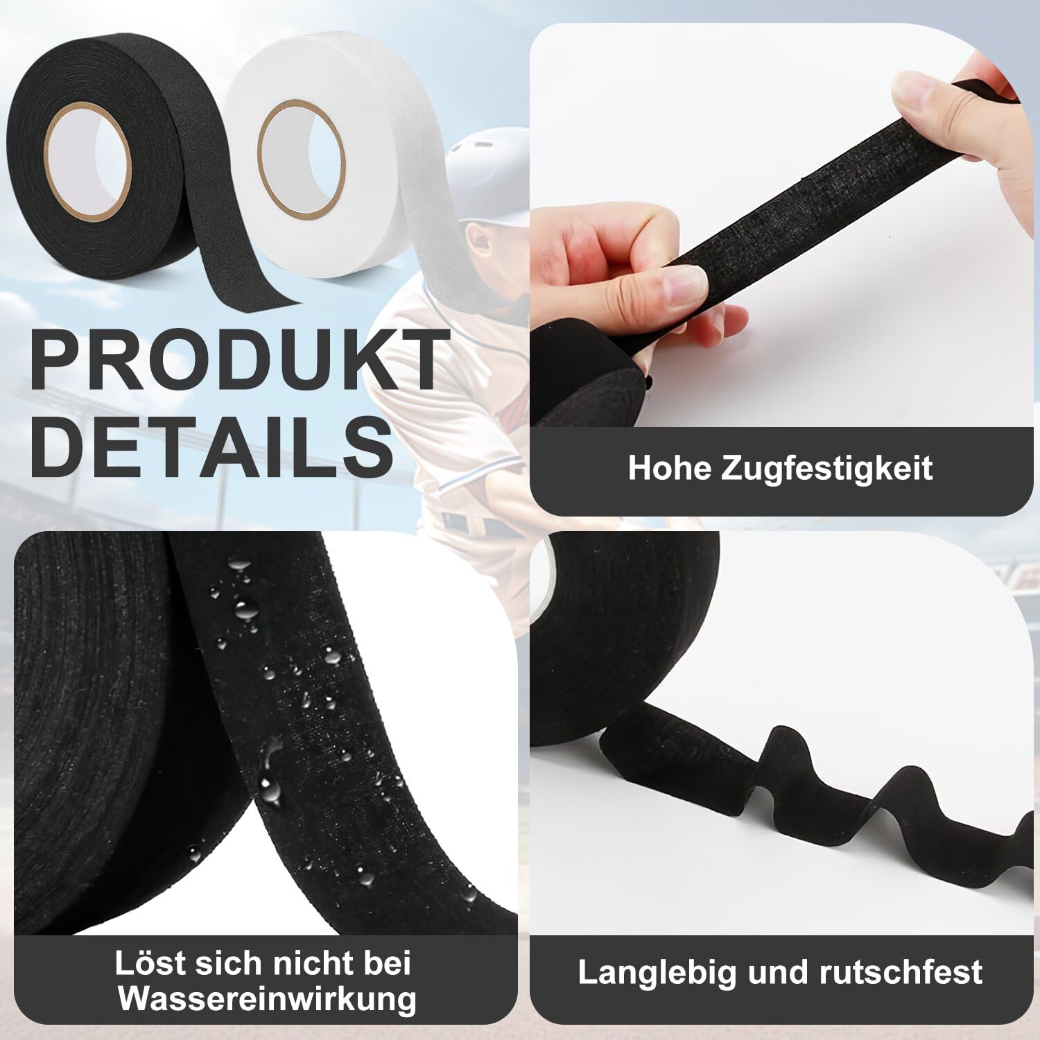 Ruban de Hockey Adhésif Tape Hockey sur Glace Autocollant Hockeys Bande 2 Rouleaux 2.5cmx25m Ruban Baton de Hockeys Grip Tape Antidérapant pour Badminton Raquette de Ping Pong Corde