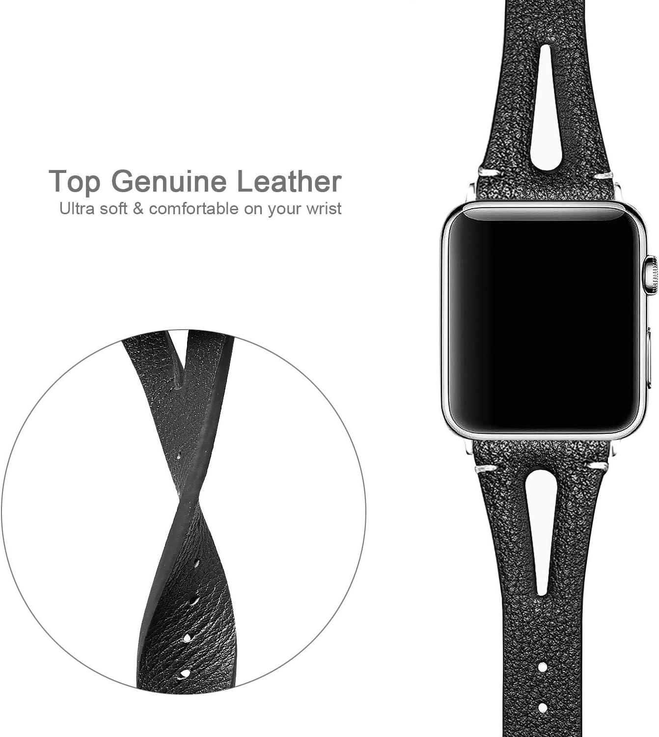 Secbolt, cinturino in pelle compatibile con Apple Watch, 38 mm, 40 mm, serie 4, 3, 2, 1, sottile, con foro traspirante, cinturino di ricambio per Iwatch Nike+ Edition, Black with Black Connector Secbolt, cinturino in pelle compatibile con Apple Watch, 38 mm, 40 mm, serie 4, 3, 2, 1, sottile, con foro traspirante, cinturino di ricambio per Iwatch Nike+ Edition, Black with Black Connector