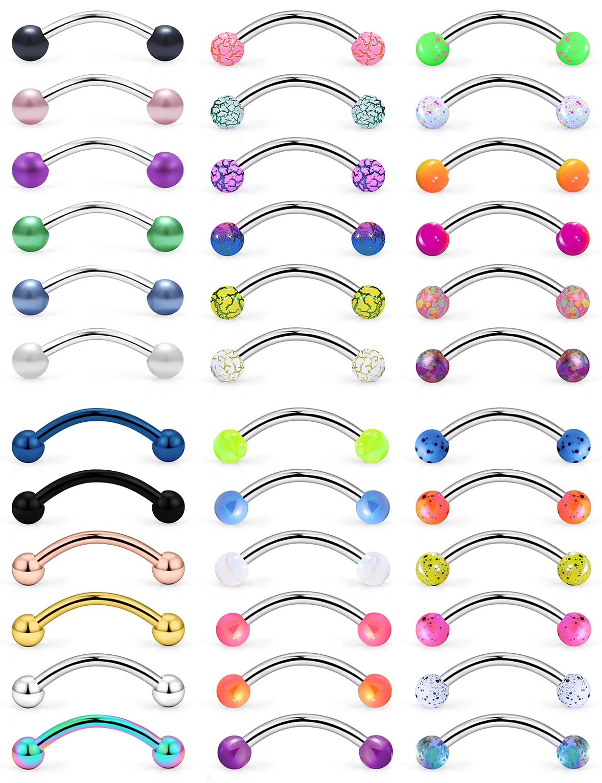 Vsnnsns 36 adet 16G Cerrahi Çelik Daith Rook Küpe Piercing Kavisli Halter Kaş Halkaları Tragus İleri Helix Piercing Takı Kadın Erkek 6 mm 8 mm 10 mm, Metal Plastik, paslanmaz çelik
