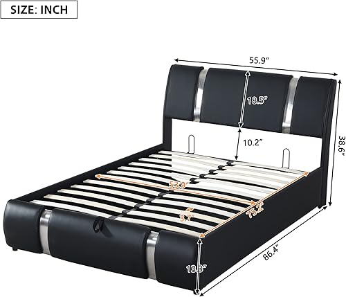 Miniatura 7 de Bellemave Cama de almacenamiento elevable, tamaño matrimonial, cama tapizada de piel sintética con cabecero, base de cama de madera con sistema de