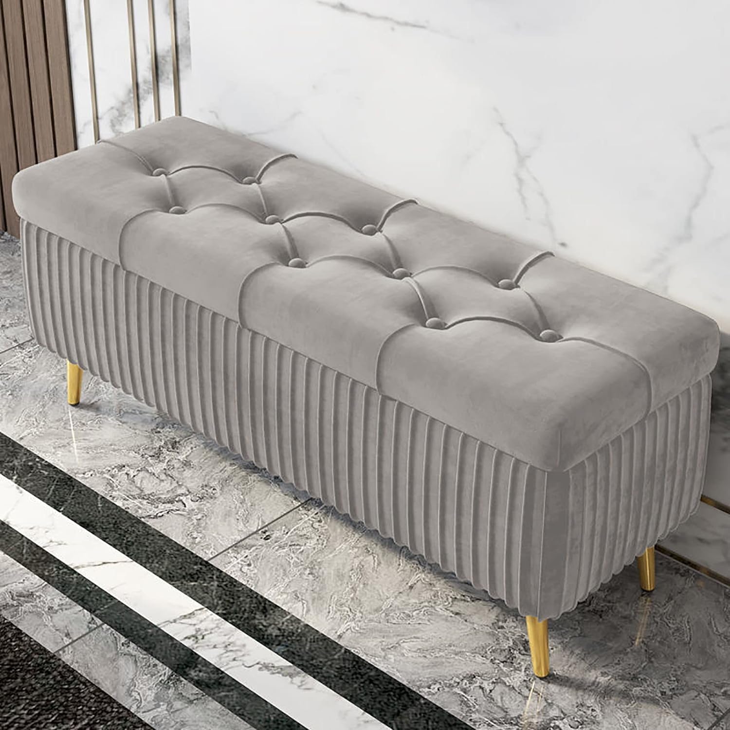Pouf de rangement moderne en velours capitonné pour salon et chambre
