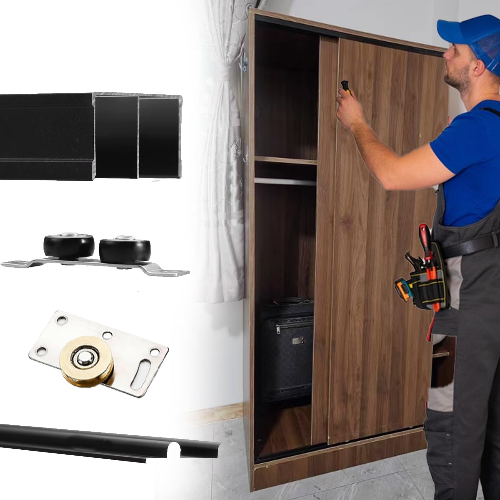 Aluminiowy system szyn do drzwi przesuwnych do 2 drzwi, zawiera dolną prowadnicę i mosiężne rolki pasują do drzwi drewnianych 3/5''5/7'' niestandardowa długość 2,5 m