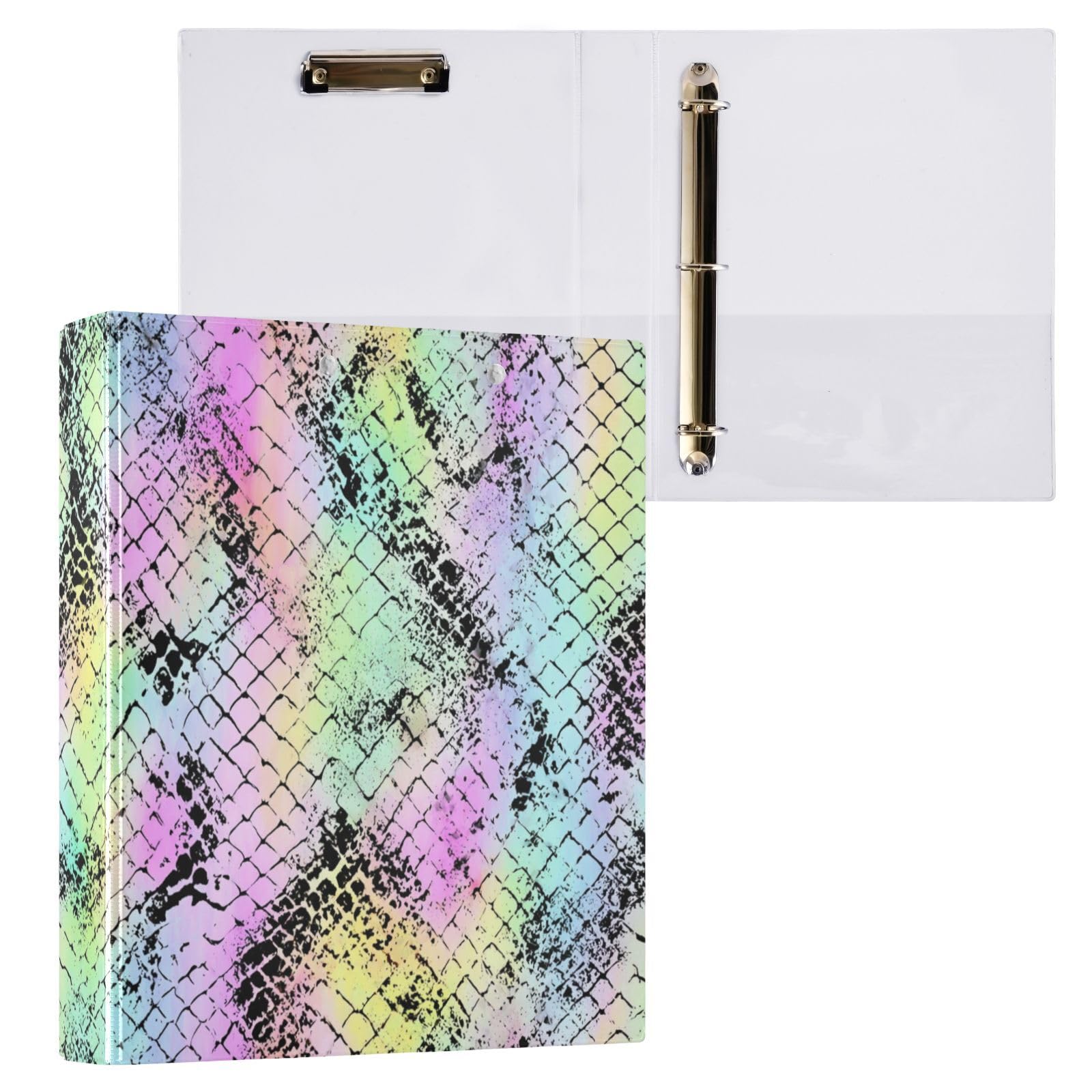 Kcldeci Raccoglitore a 3 anelli, copertina rigida, stampa pelle di serpente arcobaleno, anelli rotondi da 3,8 cm, con tasche interne, per scuola, ufficio, ricette, raccoglitori, confezione da 2