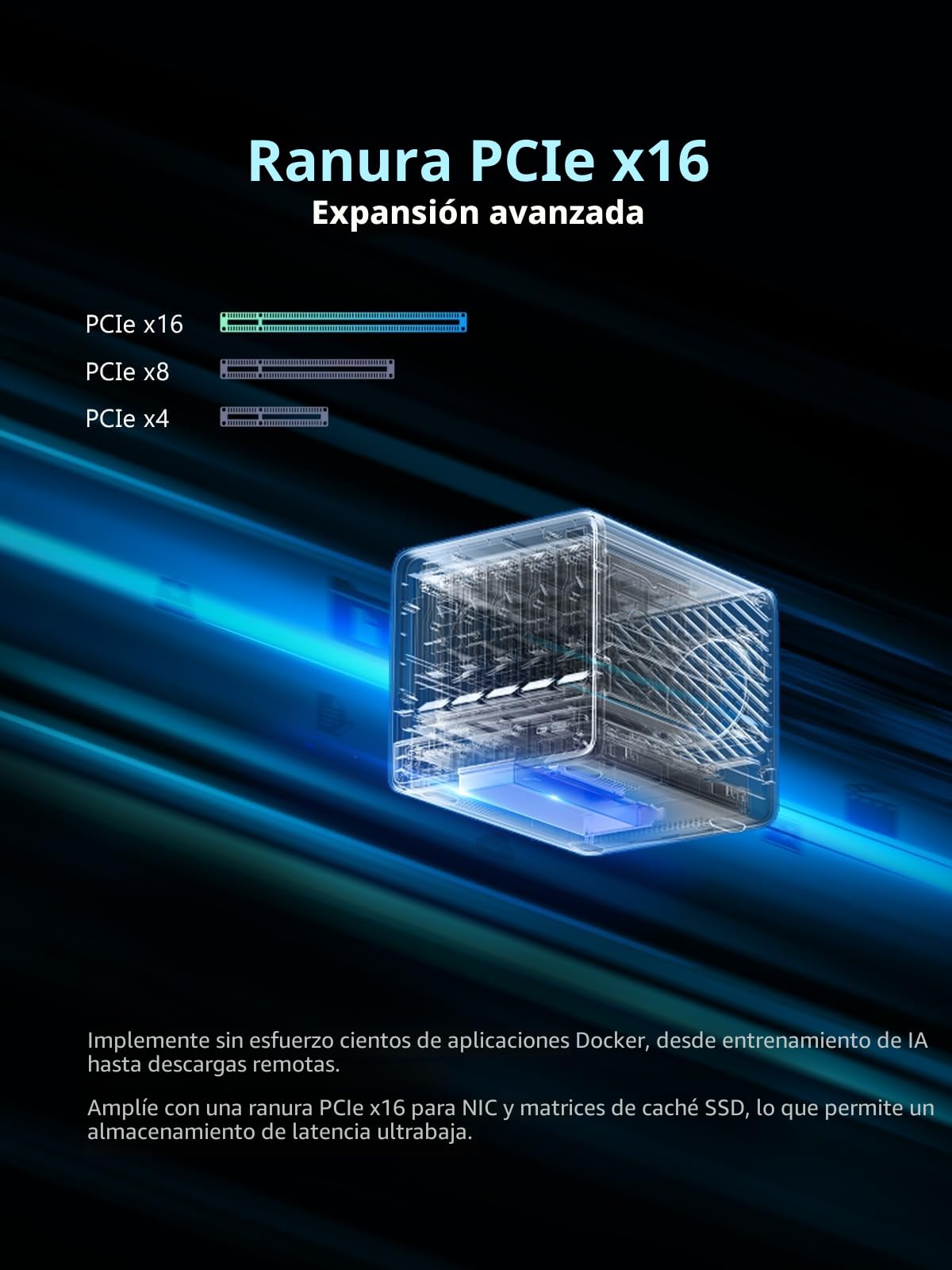 MINISFORUM N5 Pro NAS de Escritorio 5 Bahías, Ryzen AI 9 HX Pro 370 12C/24T, Soporte ECC, SSD 128GB, 10GbE+5GbE, 3×M.2 NVMe, OCuLink, HDMI 4K/2×USB4, PCIe ×16, MinisCloud OS (sin Disco)