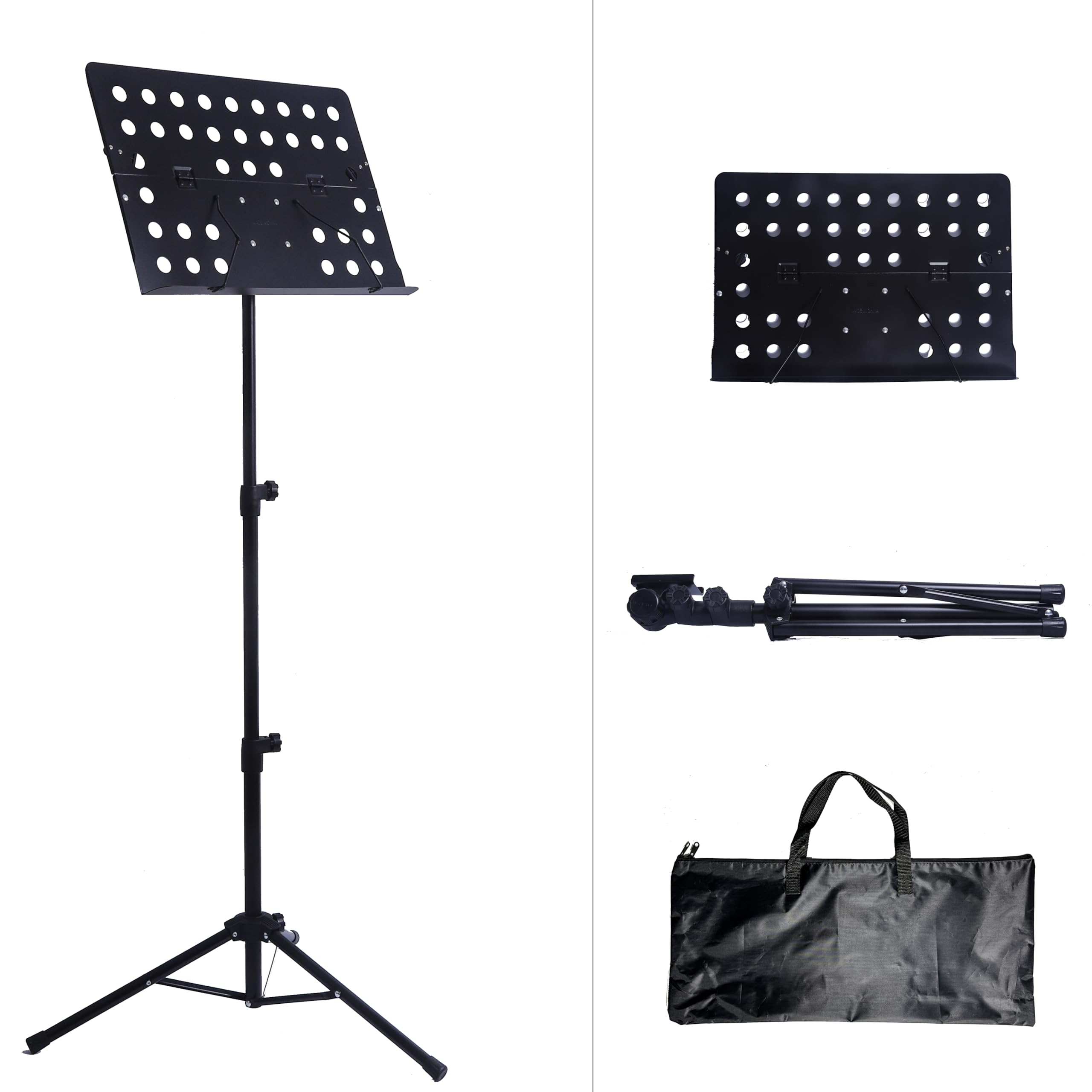 Notenständer aus Metall, professionell, tragbar, perforiert, mit Tragetasche, zusammenklappbarer, verstellbarer Notenhalter, super stabil, geeignet für Instrumentalaufführungen, Band und Reisen