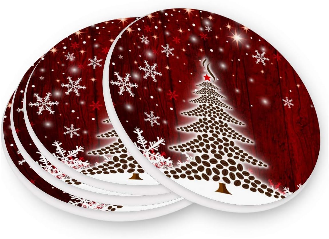 Bеѕt Dеаl Baofu Christmas Tree Coasters Colorful Absorbent Moisture Non-Slip Drink Coaster Art Winter Snowflake Ceramic Stone with Cork Base Desktop - Protection Prevent Furniture Damage 4PCS
