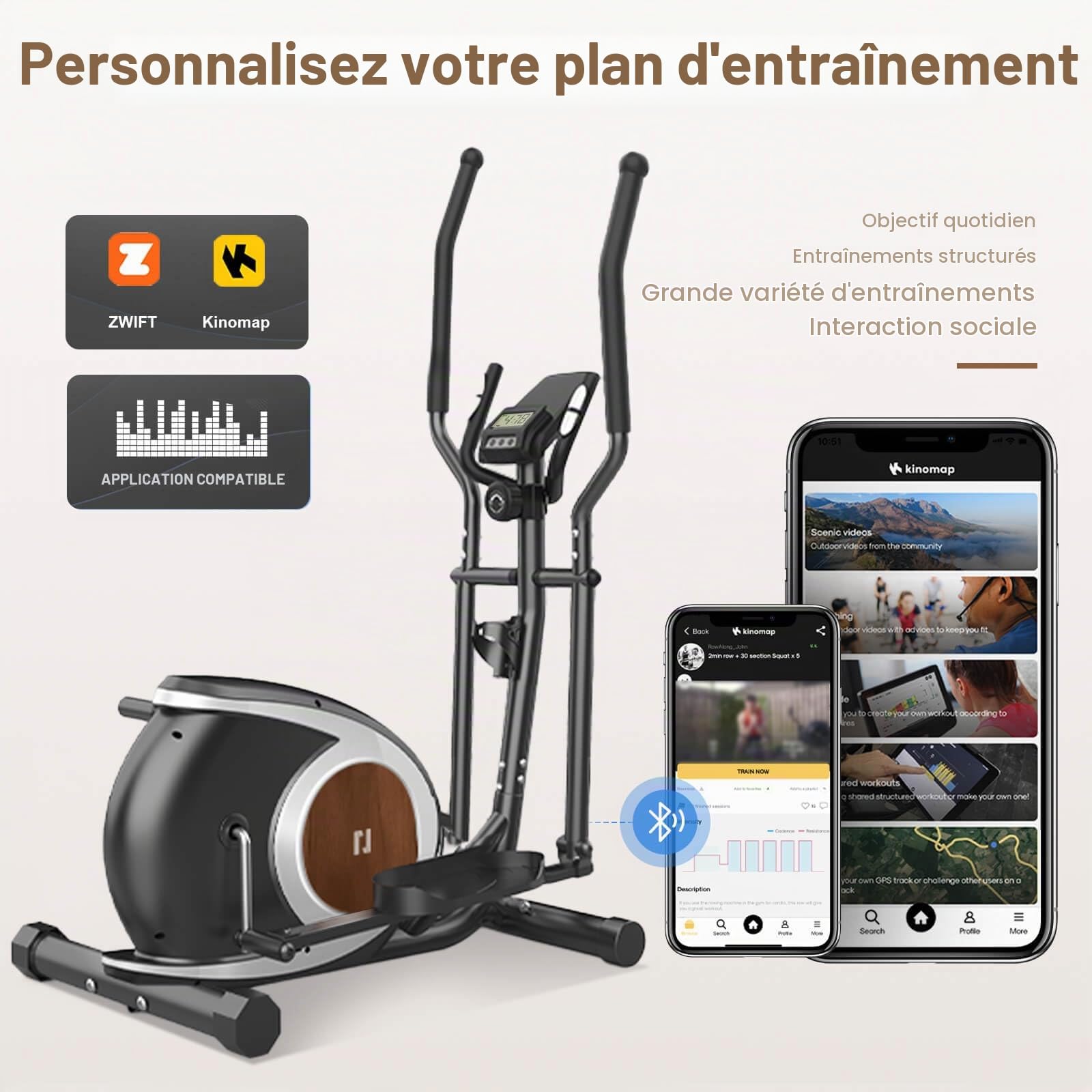 Vélo Elliptique, Machine Elliptiques Magnétique avec Application Bluetooth Smart, 16 Niveaux De Résistance, Écran LCD, Porte-gobelet, Appareil Elliptique d'exercice pour La Maison