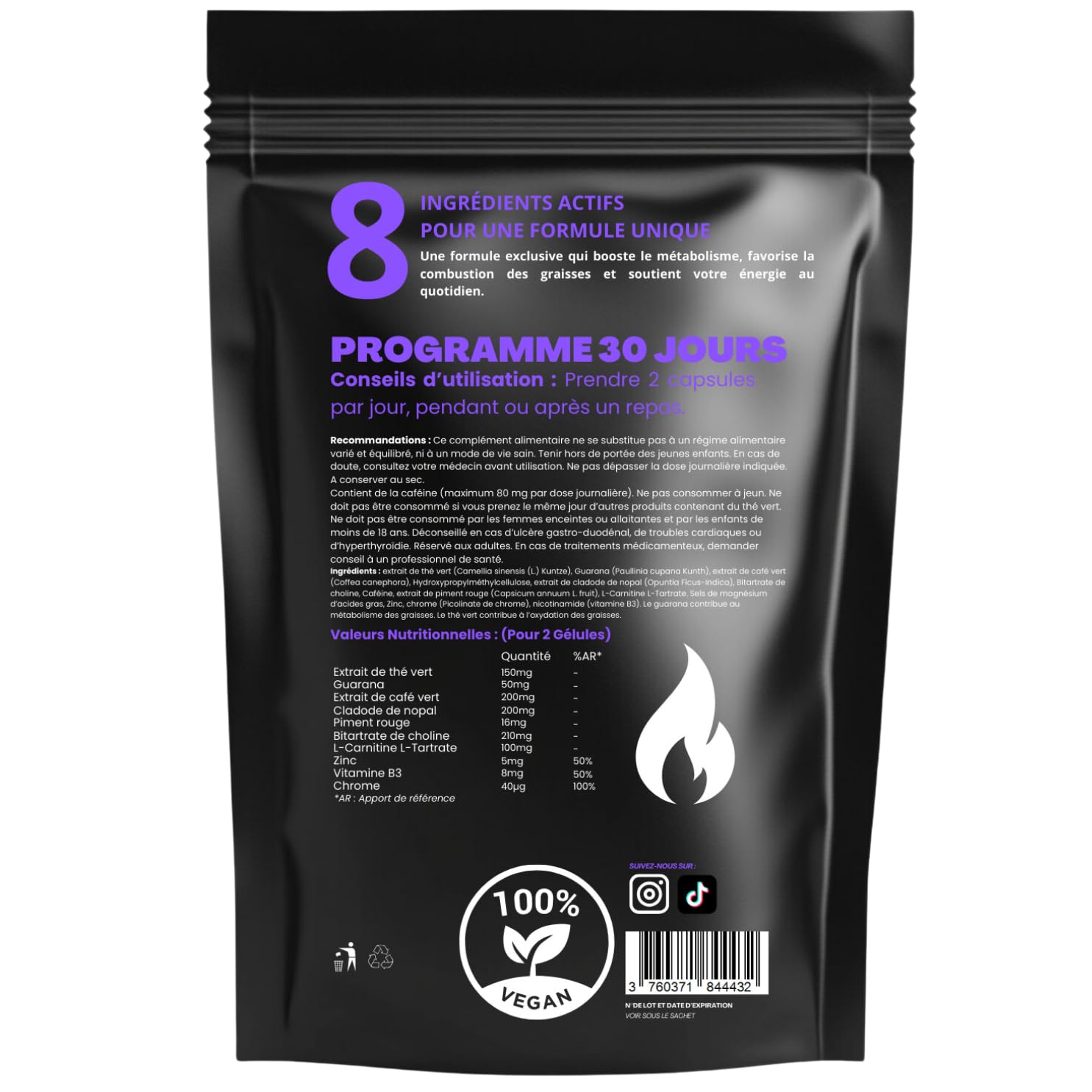 8 PURPLE - Brûleur de Graisse puissant - Perte de Poids Rapide et Efficace | Coupe-Faim Puissant et Efficace | 60 Gélules Vegan (Thé Vert, Guarana, Vitamine B) - Cure de 30 jours Minceur Homme & Femme