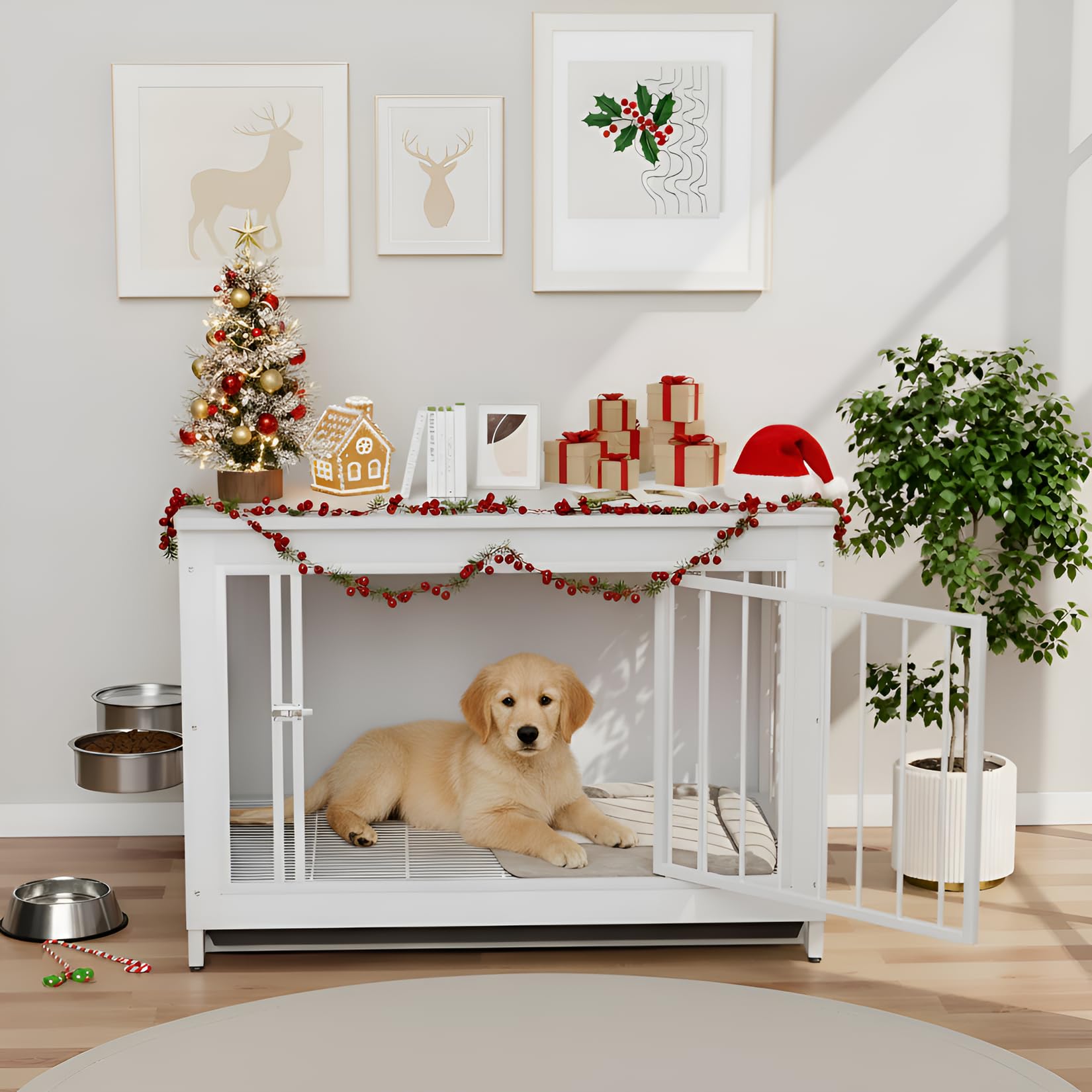 MAMIZO Jaula para Perros de Mueble 93x64x58CM, 2 en 1 Mesa Auxiliar, Casa Perro Interior de Madera Mediano Grande, Dog Crate con 2 Comederos y Puertas para Perros, Blanco