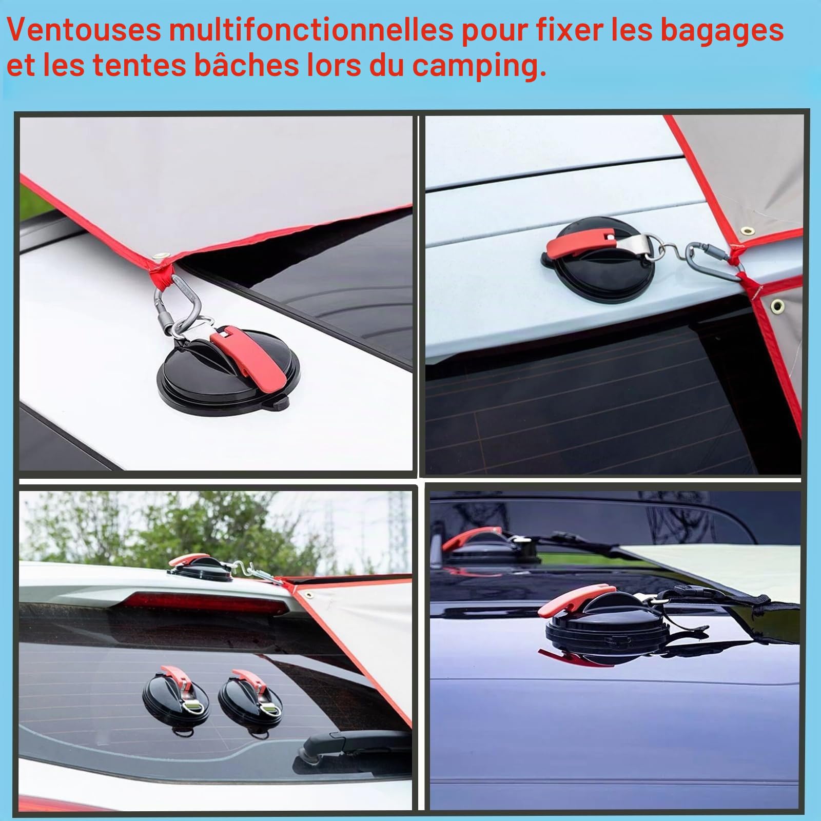 Crochets à ventouse, Ventouse Voiture Ancre à Ventouse Fixation 4 Pièces Ventouses avec 8 Crochets en S Ventouse Crochet Multifonction, pour Camping car Auvent Bâches Auvent Fourgon