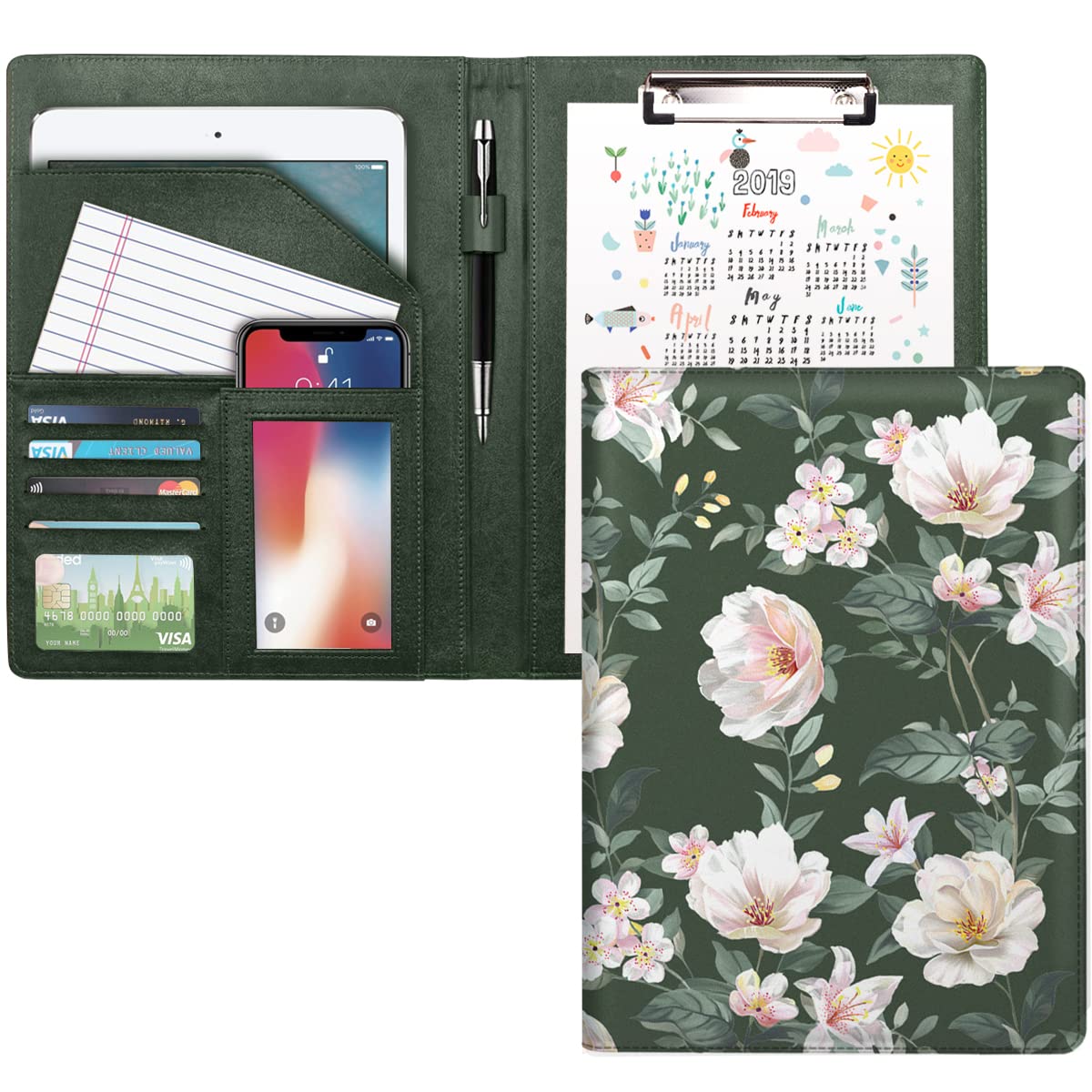 WAVEYU Portfolio Folder for Women Padfolio for Girls Conference CV Legal Document Organizer with A4 Clipboard Business Card Holder Green Flower โ image 1