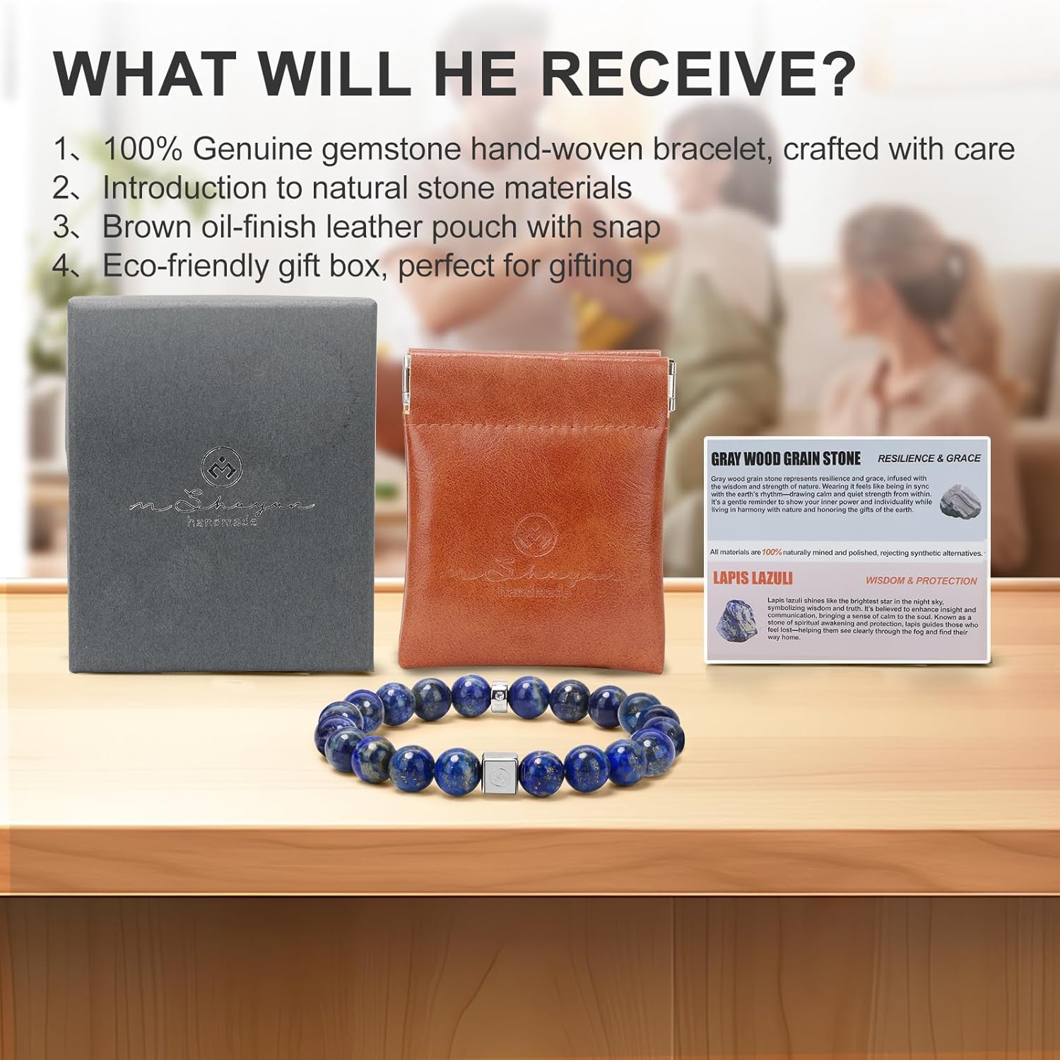 Mens Beaded Bracelets, 10MM Elastic Adjustable Link Bracelet with Natural Gemstone, Gifts for Men, Anniversary, Christmas and Thanksgiving,Lapis Lazuli/Obsidian/Silver Sheen Obsidian. - Image 6