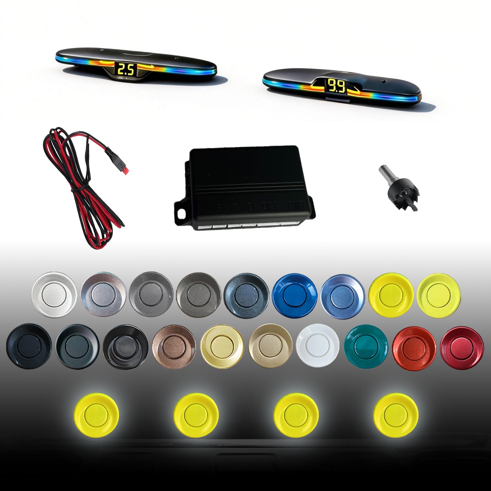 Parking Sensor kit New Feature Rear with Selectable Distance in Feet, Bidirectional Display Options, and Customizable Numeric Orientation And there are 20 color probes to choose from(Yellow)