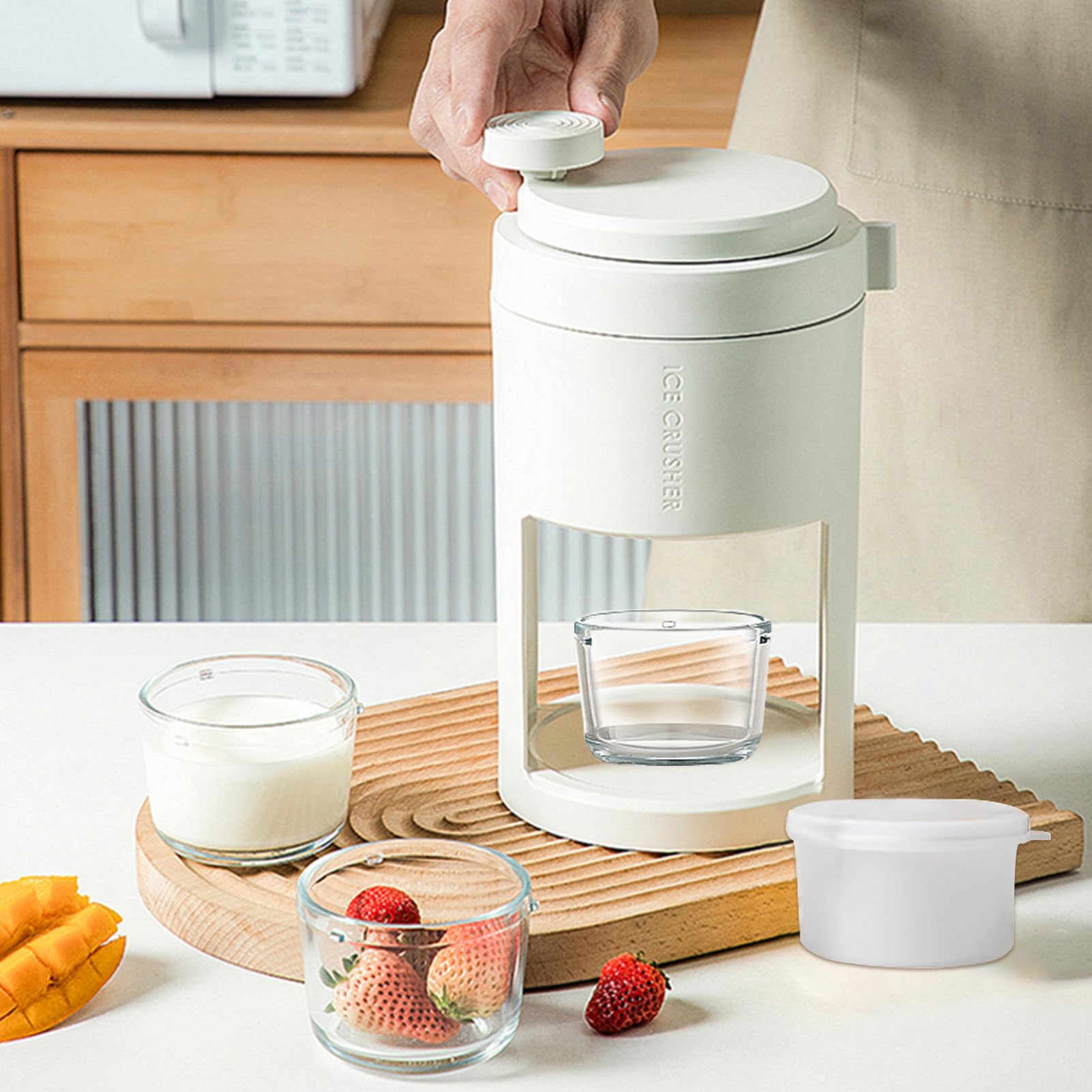 VAODO Ice Shaver, Hand Crank Ice Shaving Machine, Manual Snow Cone Crusher with Freezing Mold, with Glass Container, Household Kitchen Appliances