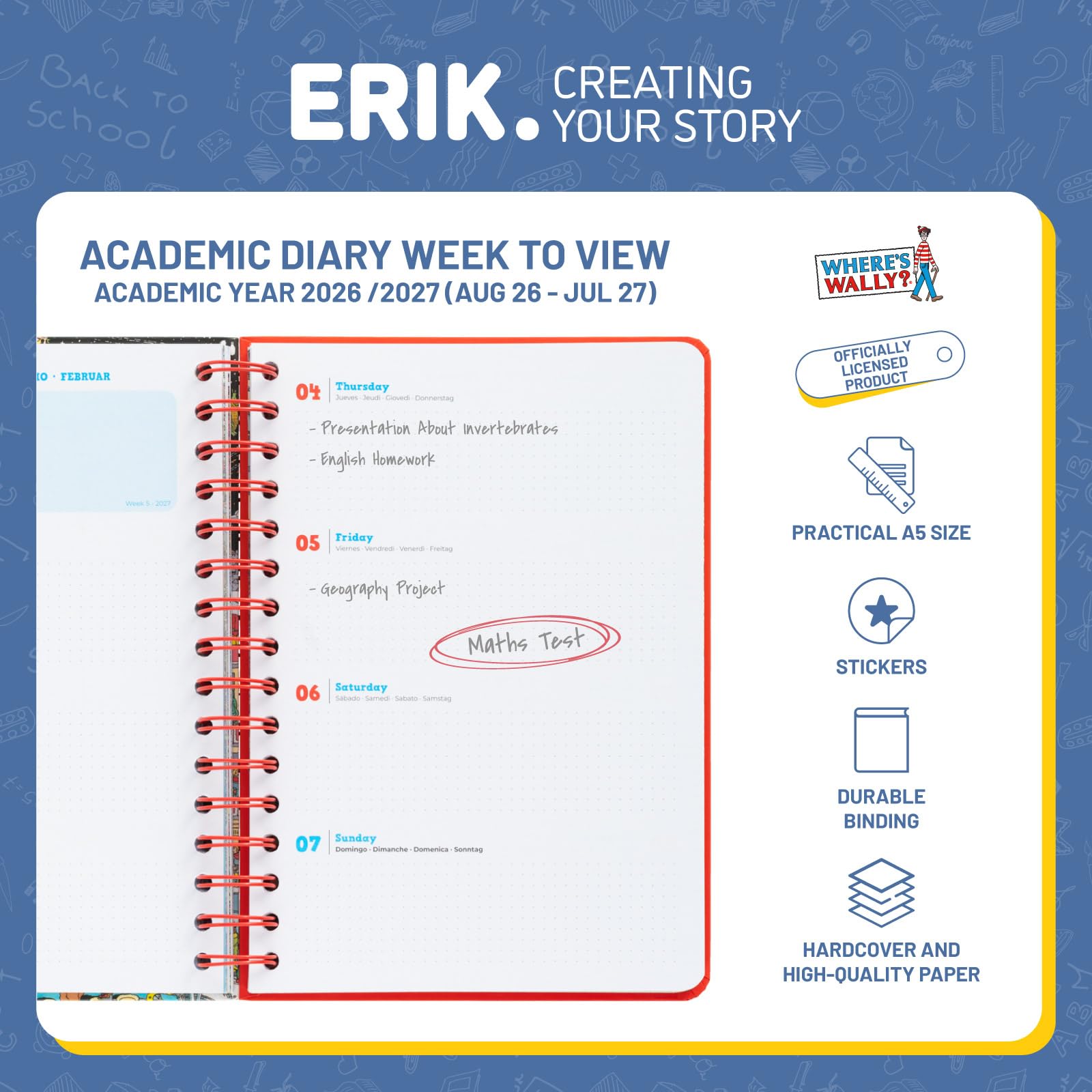 Grupo Erik A5 Academic Diary 2026-2027 Week to View - Wheres Wally Books | Back to School Planner 2026-2027, Mid Year Diary 2026 2027, A5 Weekly Planner | Where's Wally Book