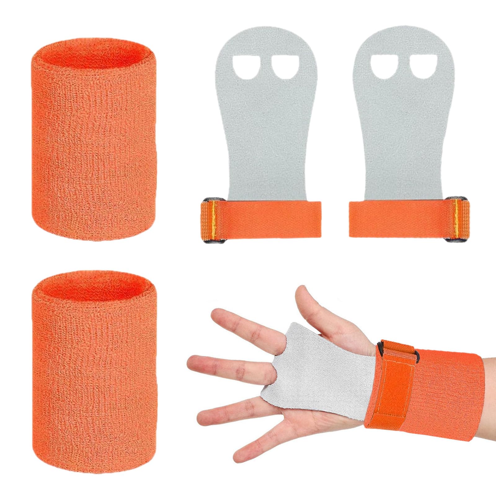 KRENIE Gymnastics Grips Wristbands Sets for Kids -2 Set Sports Gymnastics Bar Hand Grips with Orange Sweatbands – Palm Protection and Wrist Support for Kids Training and Workouts