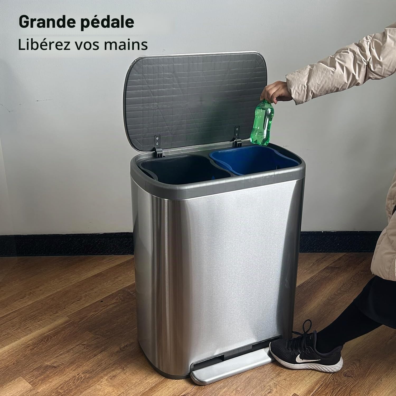 KITCHEN MOVE Poubelle de cuisine à pédale tri sélectif recyclage 60L(30L+30L) EMPIRE en acier Inox brossé avec seau