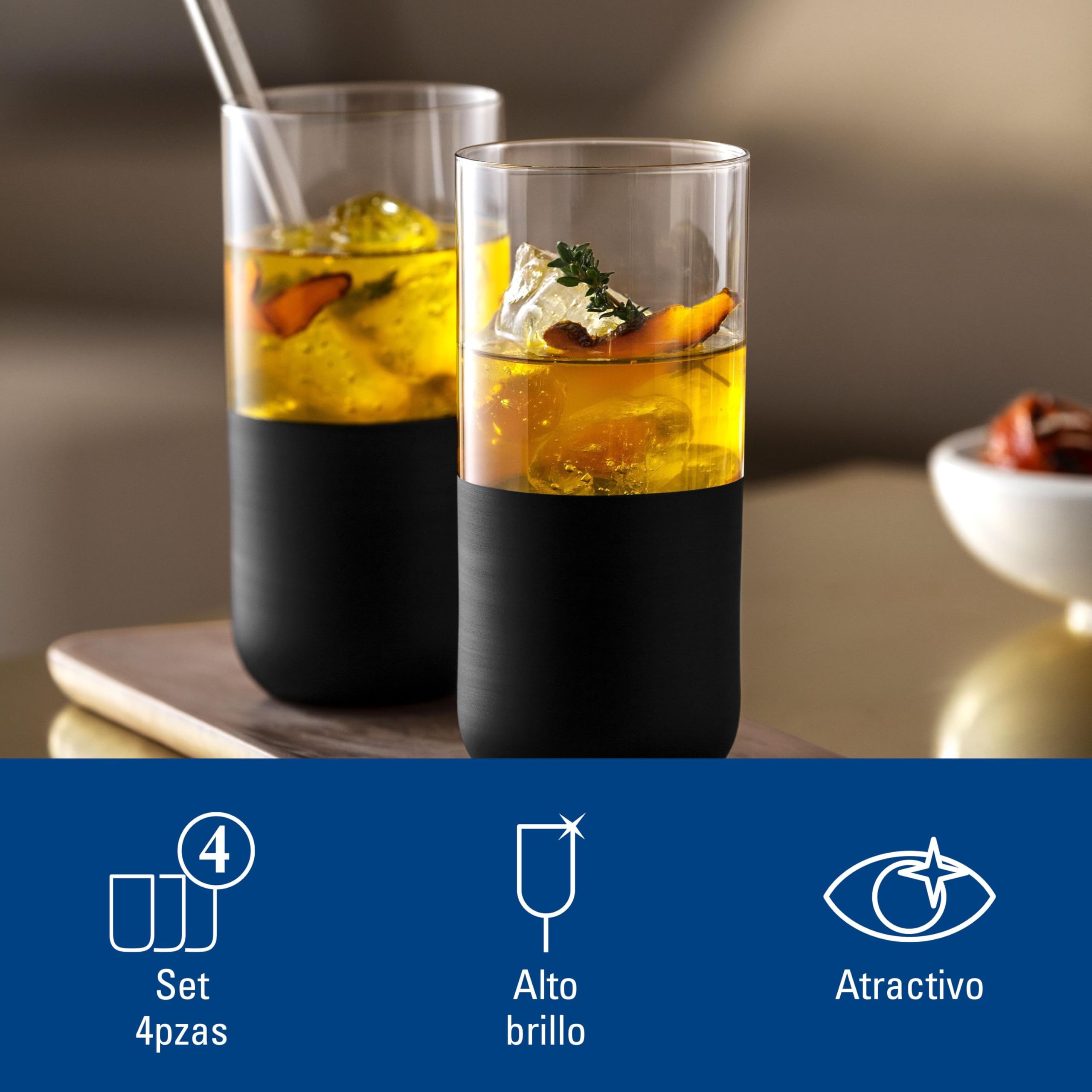 Villeroy & Boch – Juego De Vasos Largos Manufacture Rock, Set 4 Piezas, Cristal Con Base Negro Mate, Capacidad 300Ml