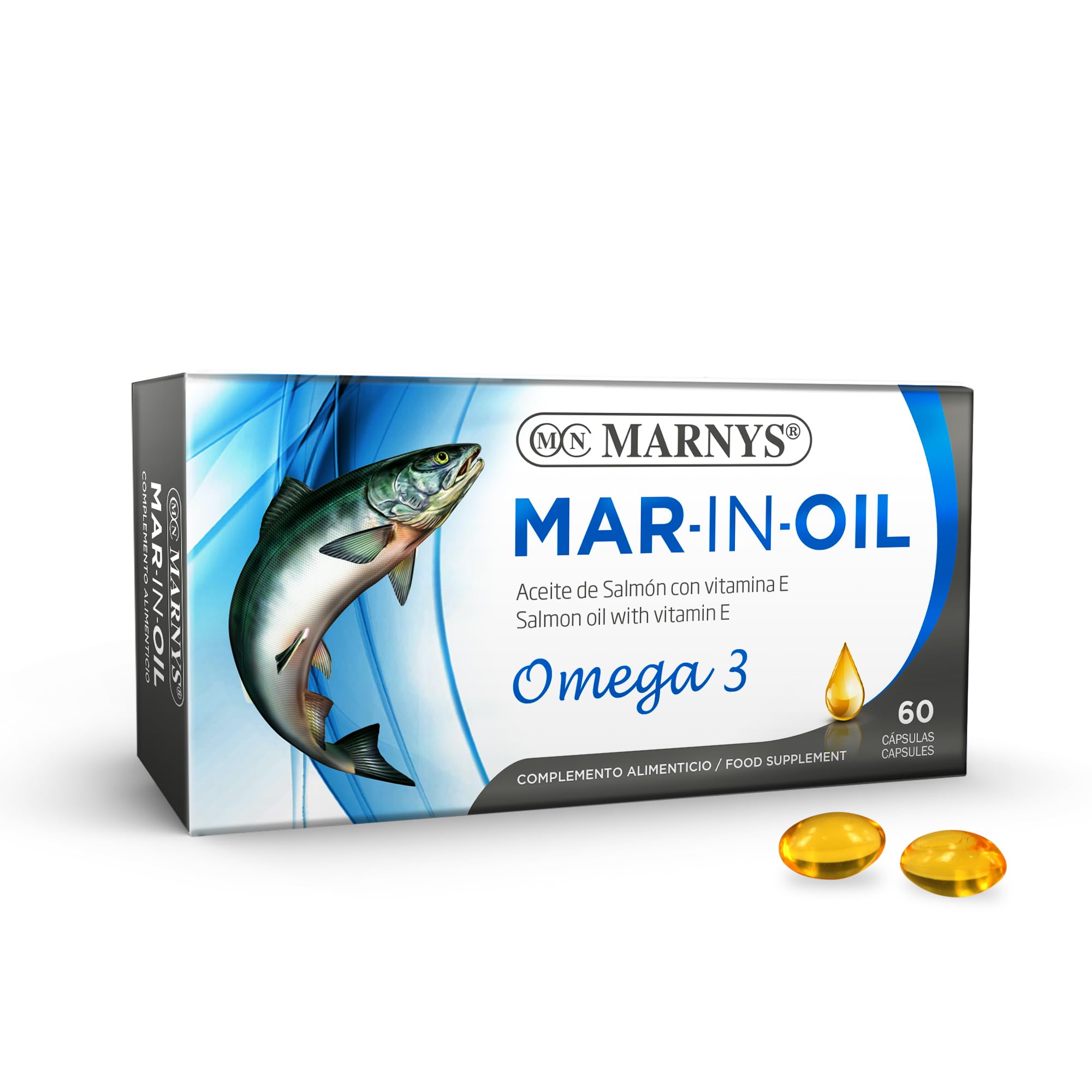 MARNYS Mar-In Oil Salmon Oil Capsules, Pack of 60, Omega-3 (EPA & DHA) Fish Oil Food Supplement to Support Normal Heart, Brain & Vision Function, Easy-to-Swallow Softgels