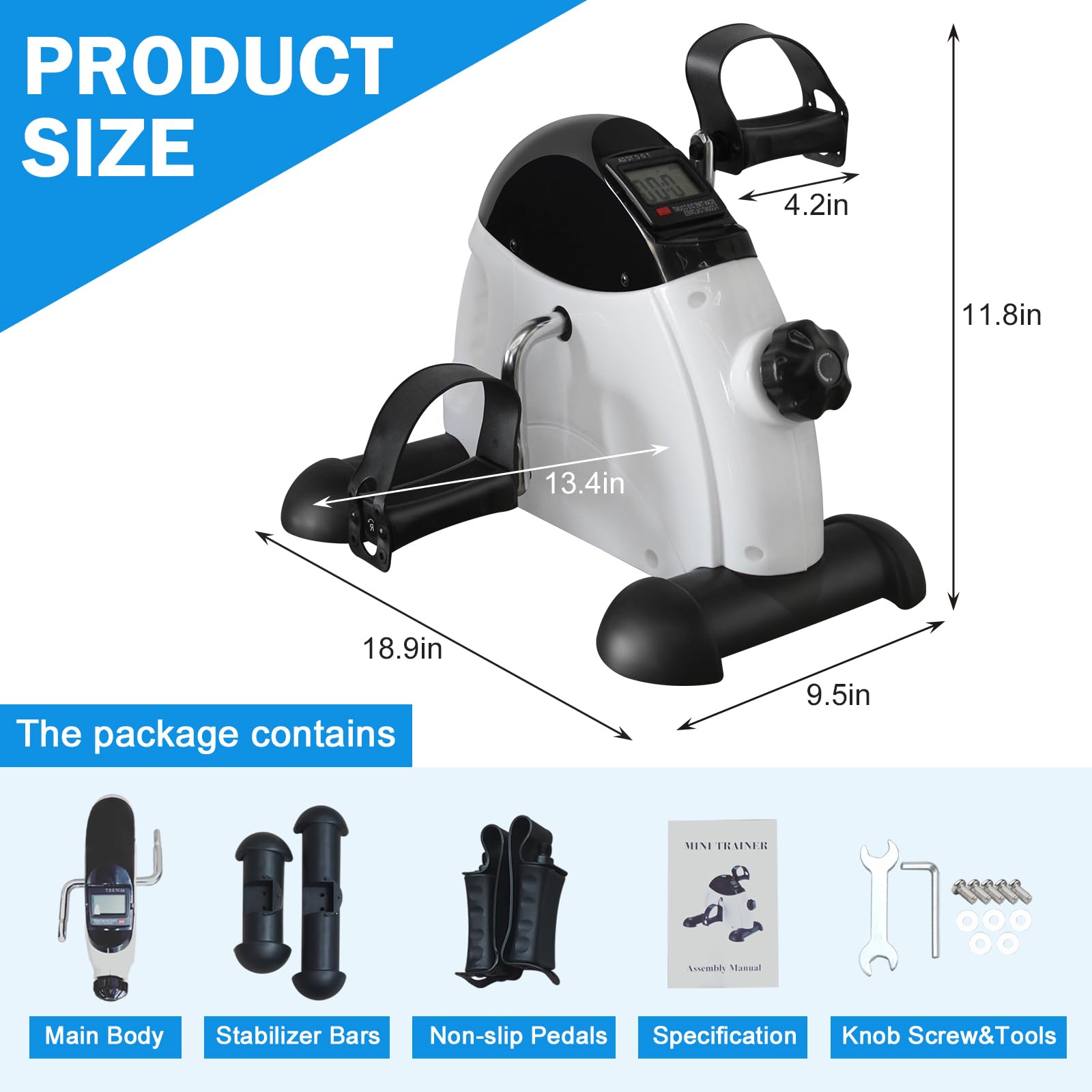 LJLB Enhance Rehabilitation with Mini Exercise Bike, Electronic Display, Sturdy Design with Instep Restraint Strap, Black and White