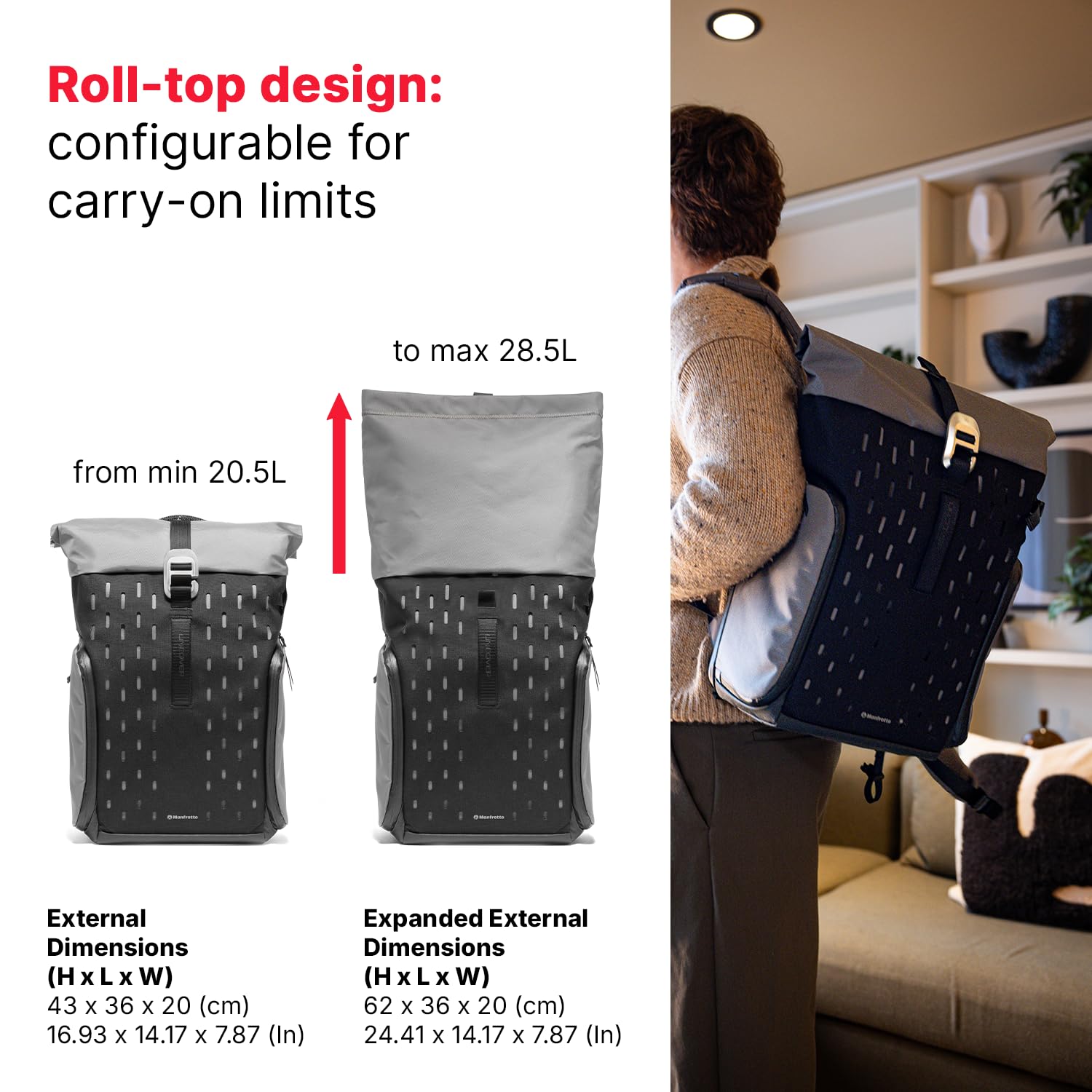 Manfrotto UNCOVER Zaino Fotografico 24L, Roll-Top Espandibile | Borsa Impermeabile per Fotografia e Viaggio, per Reflex/Mirrorless/Drone, con Accesso Laterale e Scomparto Laptop 14"