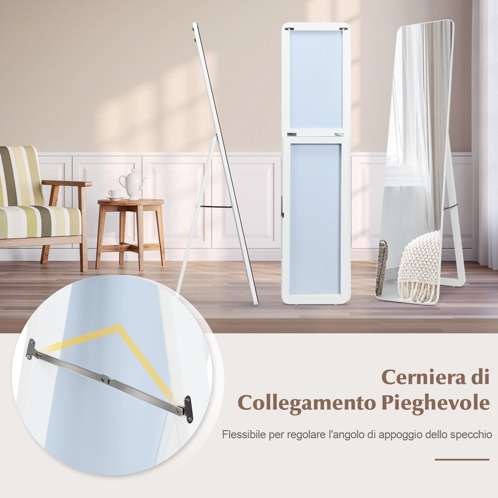 COSTWAY Specchiera da Terra Autoportante a Figura Intera, Specchio Rettangolare, Angolo Regolabile, 2 Metodi di Installazione, Bianco 160x37cm