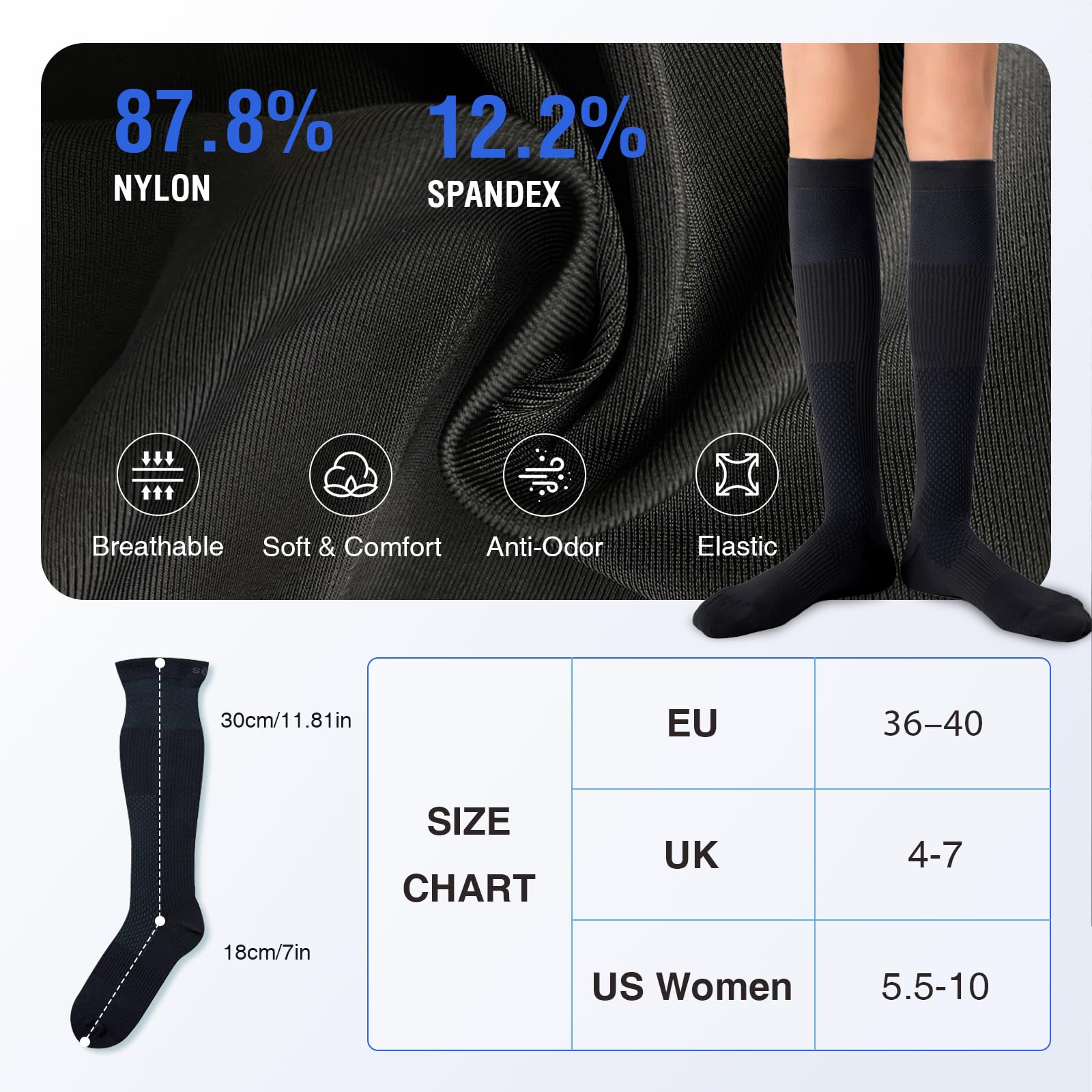 Calze a Compressione Graduata da Donna, Elastiche e Confortevoli, Migliorano la Circolazione, Sollievo per Gambe Stanche e Gonfie, Ideali per Viaggi, Sport e Uso Quotidiano