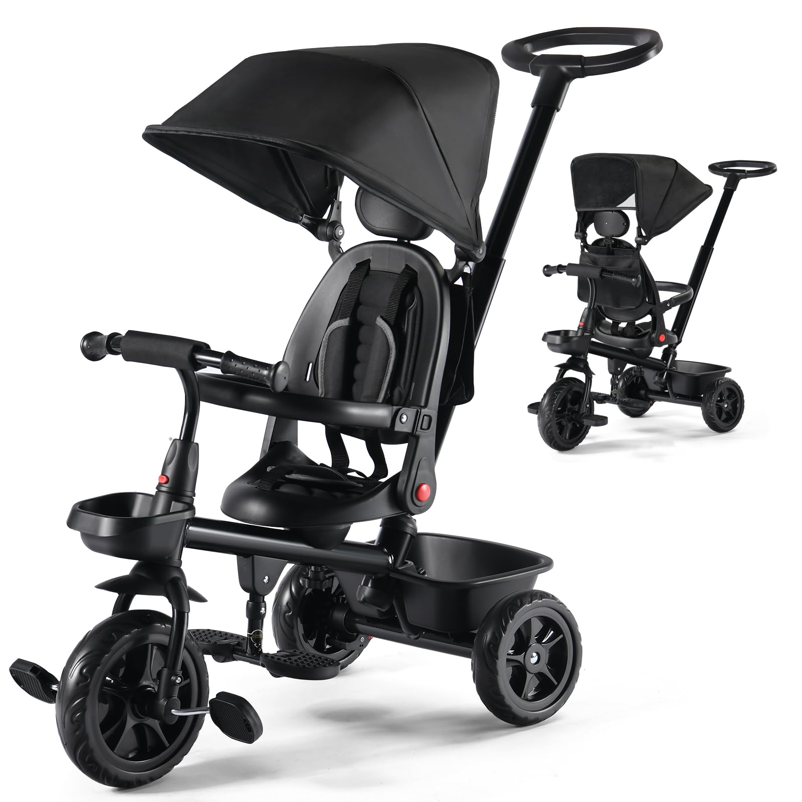 Kinder King Kids Tricycle, 6 in 1 Toddler Trike w/Adjustable Push Handle, Rotatable Seat, Adjustable Canopy, Safety Harness, Storage, Toddler Stroller Bike for 6 Months+,Black