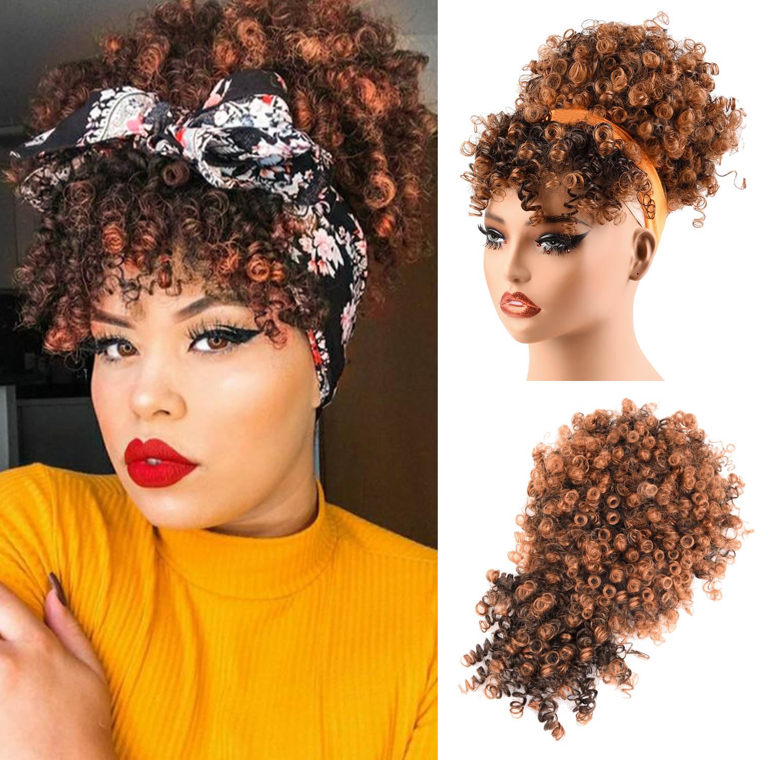 TOZIKA Afro High Puff Hair Bun Drawstring Ponytail With Bangs Short Kinky Curly Pineapple Pony Tail Clip in on Wrap Updo Ponytail Extensions for Black