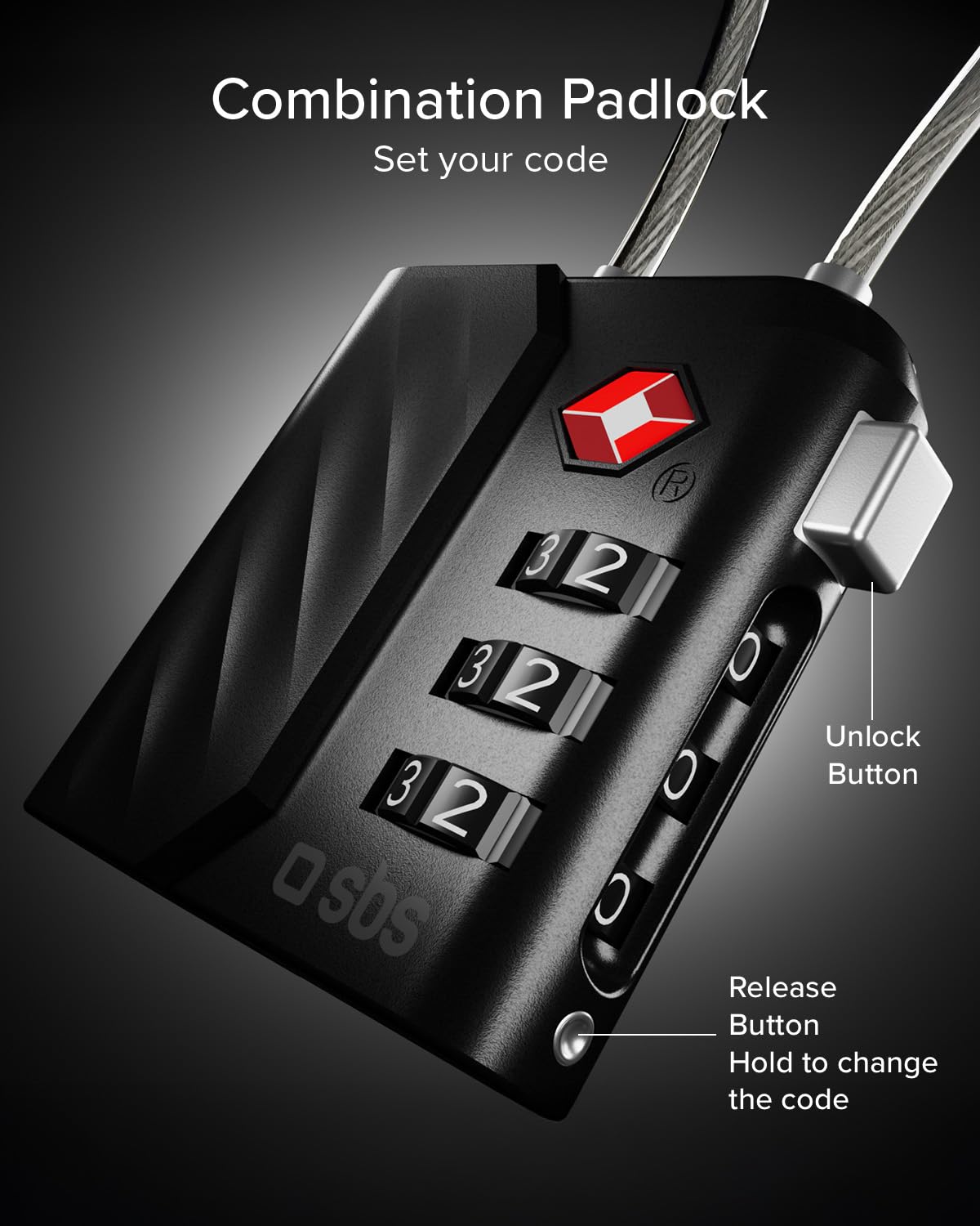 SBS Track My Lock, Zamek TSA z Wbudowanym Lokalizatorem Finder, Kompatybilny z Apple Find My (iOS), Zamek z Kodem 3-cyfrowym, Alarm 60 dB, Ładowanie USB-C, Idealny do Walizek i Toreb, Czarny
