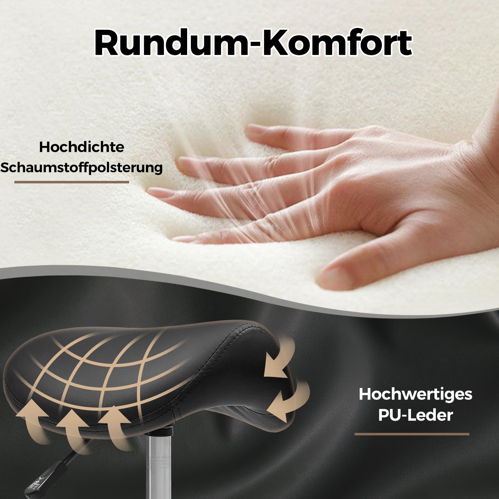 BEWISHOME Sattelhocker Höhenverstellbar, Sattelhocker mit Rollen, 360° Drehhocker Rollhocker, Ergonomischer Hocker, Tragfähigkeit 200 kg für Schönheitssalons, Spas Salon und Kliniken (Schwarz)