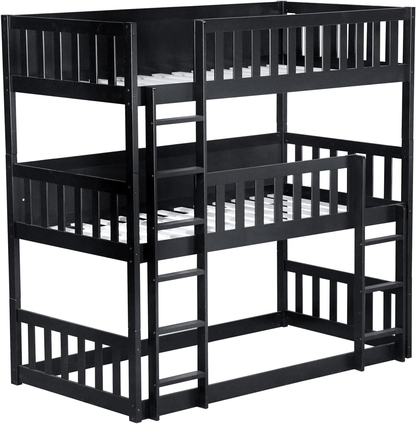 Harper & Bright Designs Triple Bunk Bed with Built-in Ladder for 3, Wood Bunk Bed Twin Over Twin for Kids Teens Adults, No Box Spring Needed, Easy Assembly, Space Saving, Black