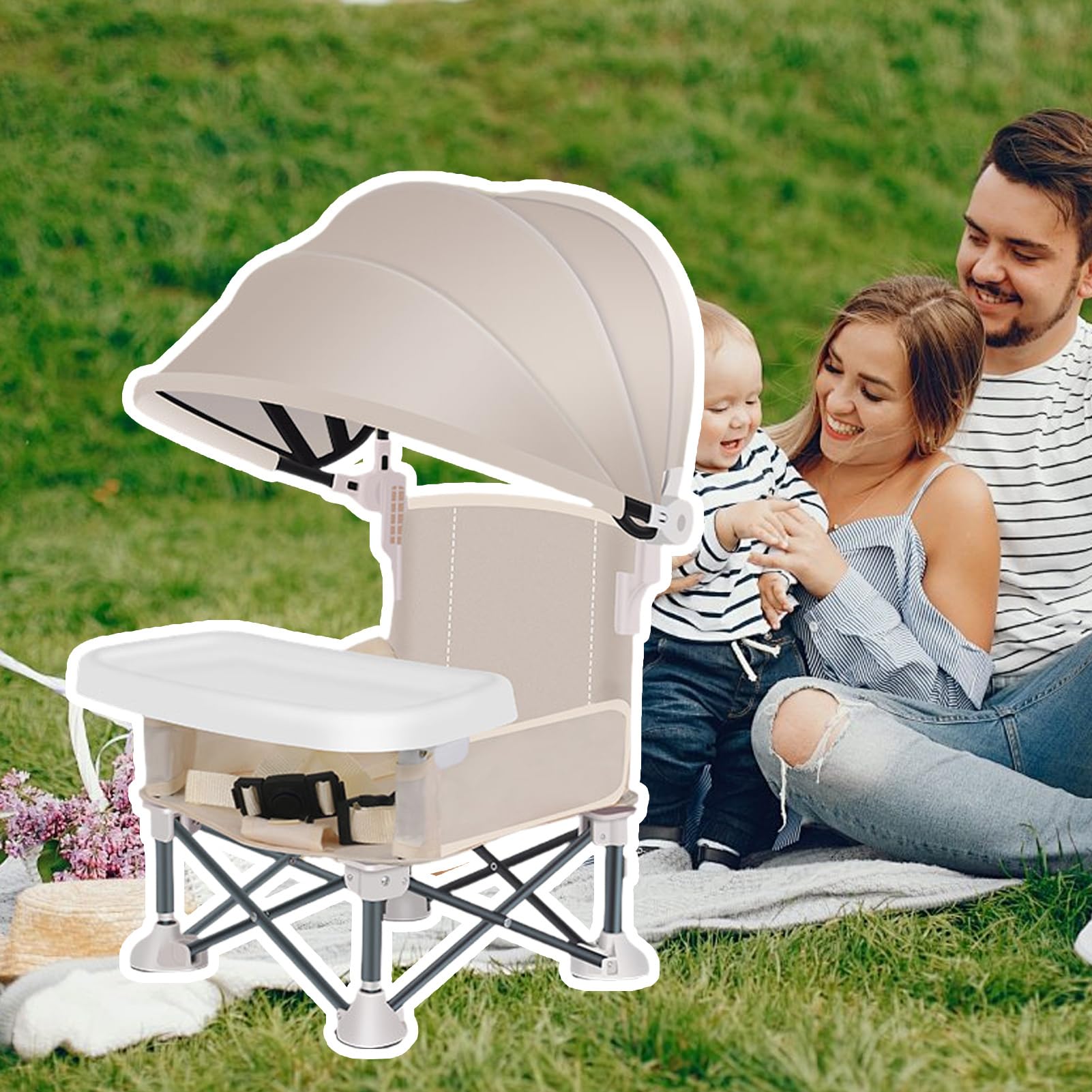 Chaise d'alimentation portable pour bébé | Siège portable avec plateau amovible | Chaise pliante pour bébé avec auvent pour l'extérieur, la maison, la pelouse, la plage, le camping, les voyages, les