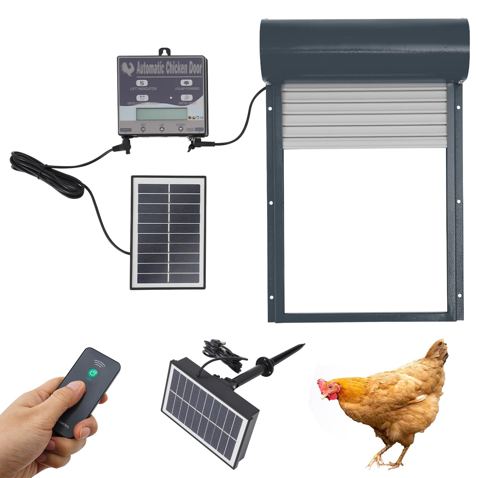 Automatische Hühnerklappe, Hühnerklappe Solar mit Fernbedienung Timer LCD Display, Wasserdicht Hühnerklappe Hühnerstall Zubehör für Hühner, Gänse, Enten (Grau)