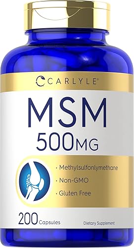 Carlyle Cápsulas de suplemento MSM | 500 mg | 200 unidades | Fórmula sin OMG y sin gluten | Metilsulfonilmetano