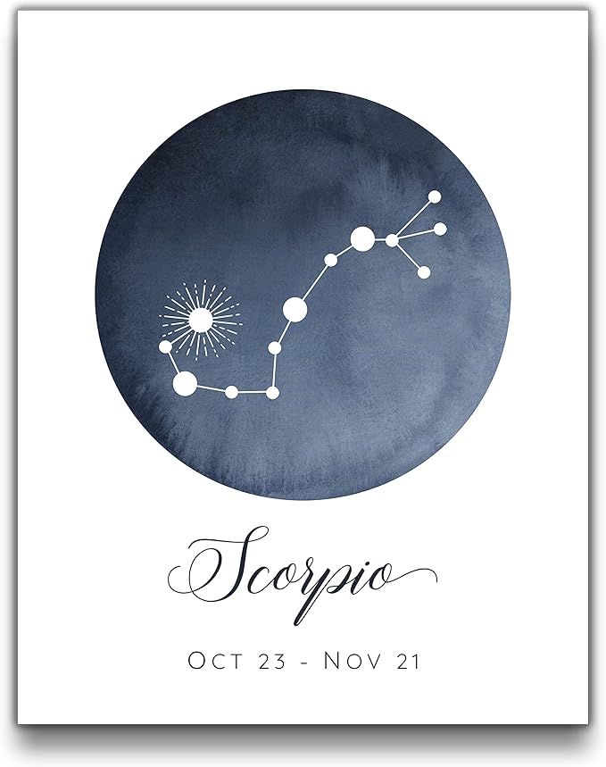 Sage Light Design Co Scorpio Constellation Wall Art Print | 8x10 UNFRAMED Watercolor Zodiac Themed Picture | Navy, Black, Grey on White