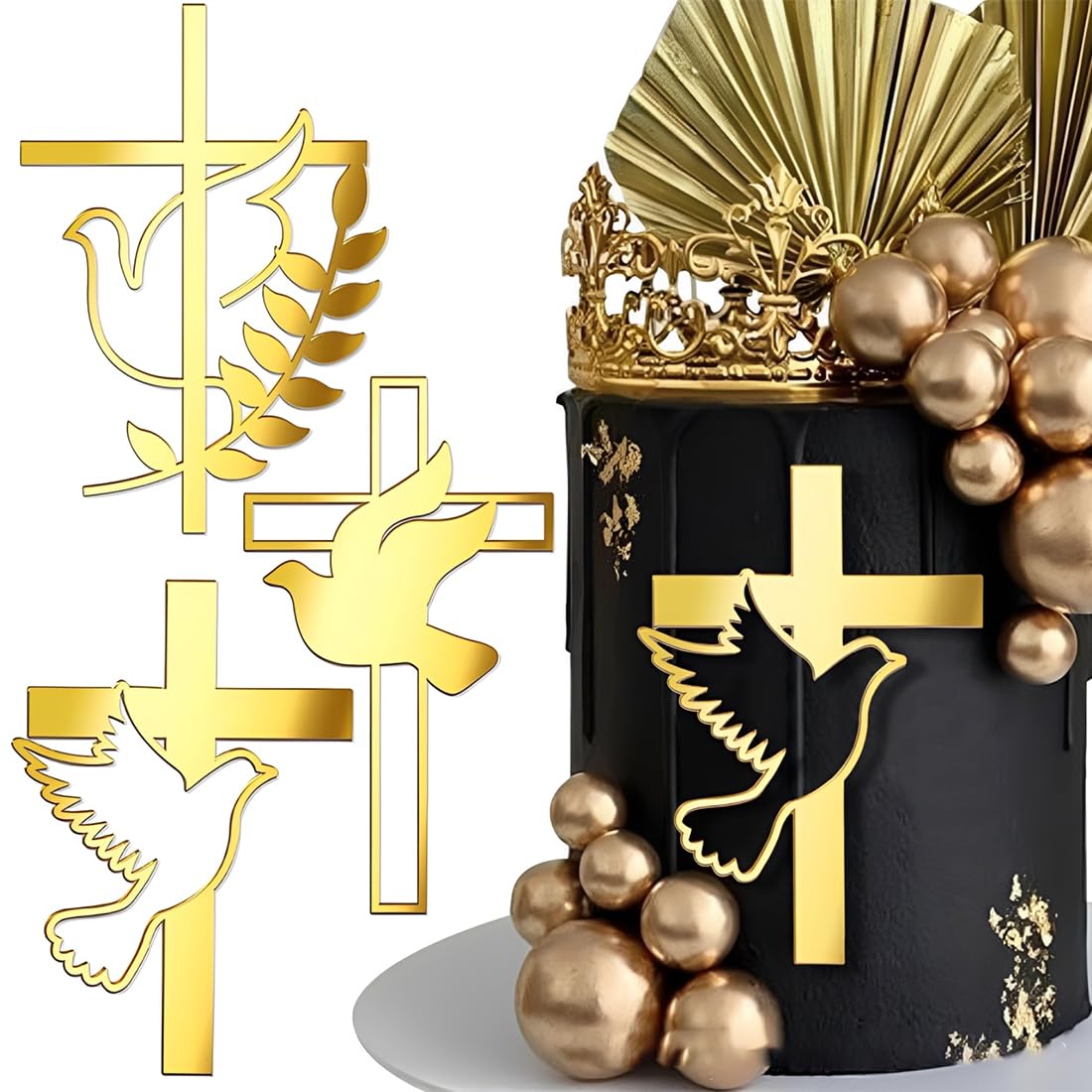 Luxorium 3 Stück Tortendeko Kommunion Kreuz Gold Cake Topper für Taufe Konfirmation Torte Deko Acryl Kuchenaufsatz