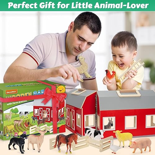 Miniatura 6 de Juguetes de animales de granja para niños pequeños de 3 años, granero de madera grande con figuras de animales de juguete de simulación para niños,