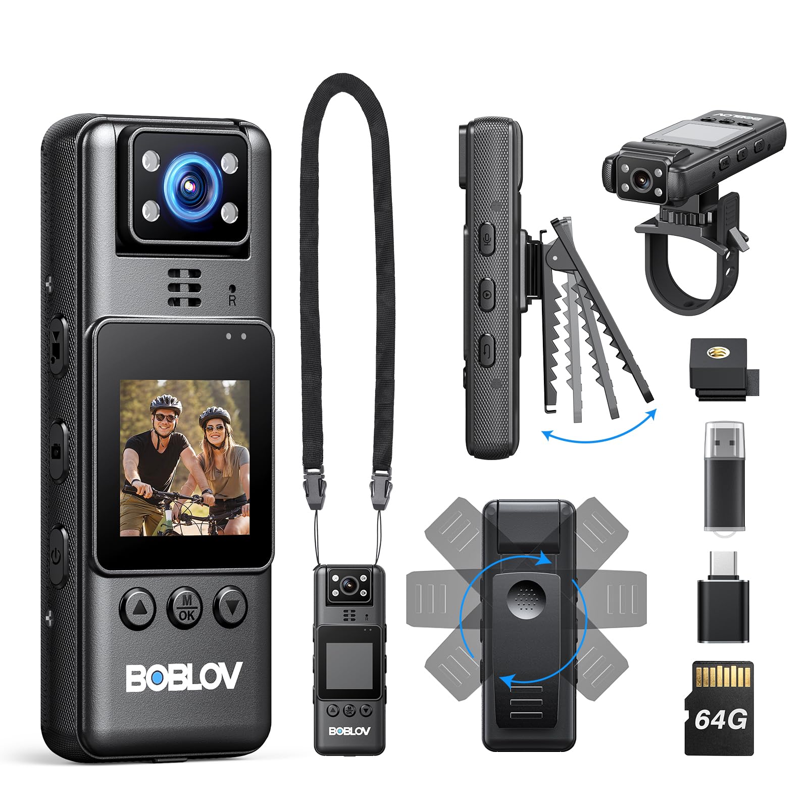 BOBLOV A23 Mini Body Cameras, 64GB Body Cam with Rotate Lens, up to 9 Hours Battery Life, Bodycams with Bike Mount, Night Vision, 360° Clip, Lanyard for Walking, Cycling, and Outdoor Adventures