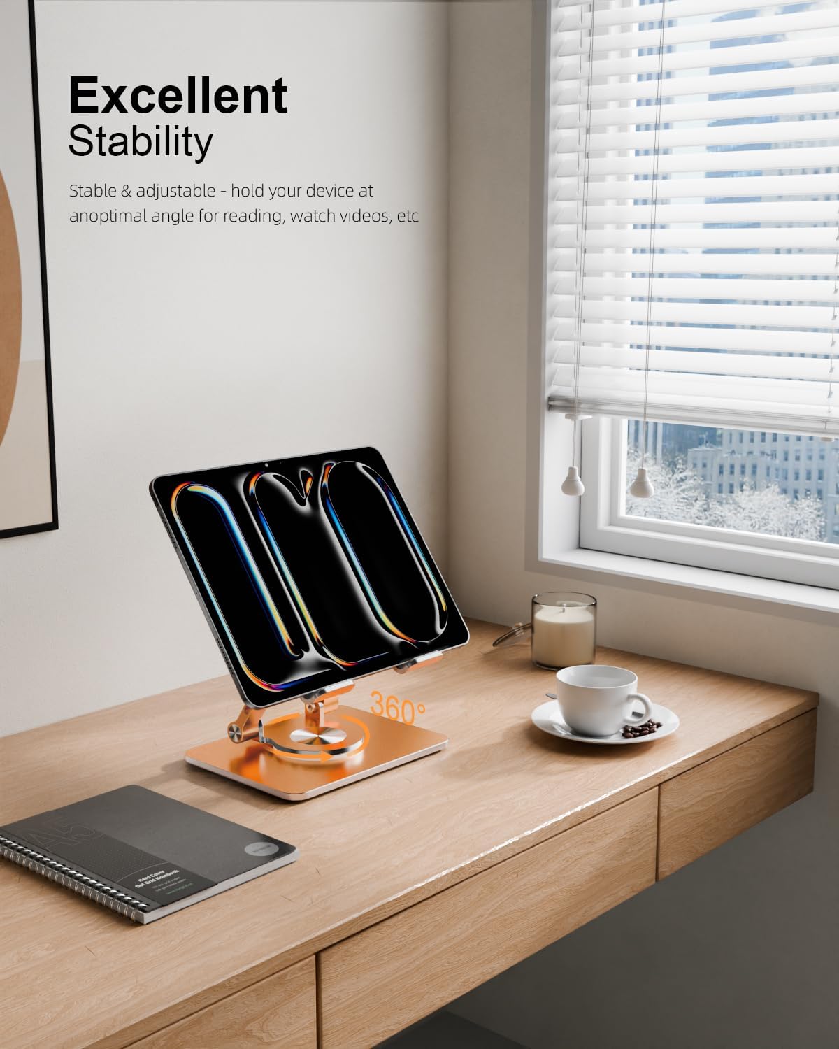 Orlian Tablet Stand Holder with Thickened 360°Rotating Base Dual Rod Adjustable Aluminum Stand for All 5.8-12.9” iPad Samsung Phone Tablet Kindle E-Reader and More, Rose