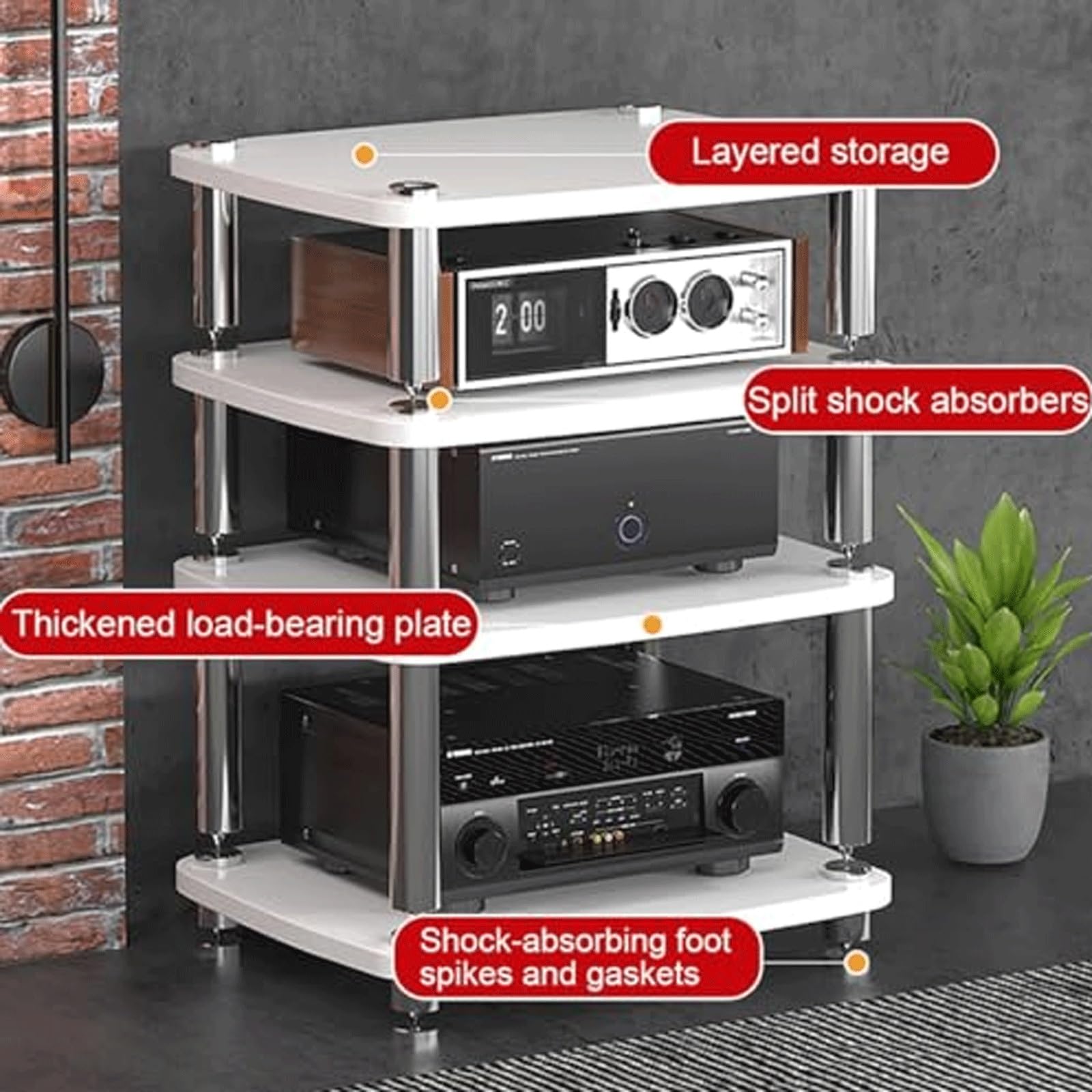Stojak na nośniki audio HiFi na komponenty stereo, drewniana półka obrotowa CD, narożna konsola telewizyjna, kompatybilny z systemami gier, meblami kina domowego (biały, 1 poziom)