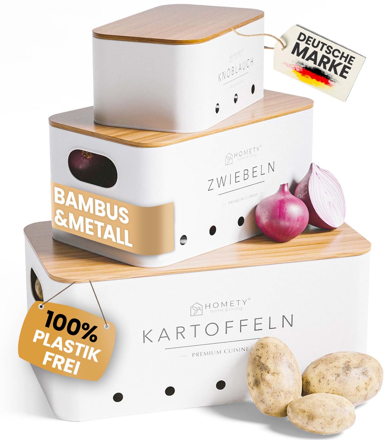 BARAKYEG Kartoffel Aufbewahrungsbox 3er Set | Für Kartoffeln, Zwiebeln, Knoblauch | Schwarz Retro Design