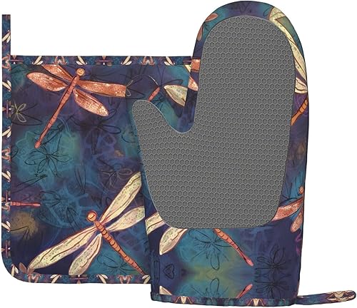Miniatura 9 de Juego de guantes de horno y soportes para ollas pintados a mano con libélula impresos, resistentes al calor, antideslizantes, guantes de cocina, 2