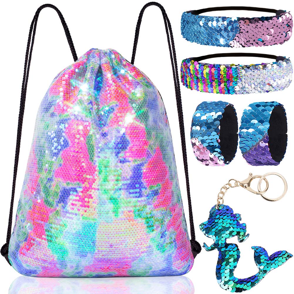 GA&EN Mermaid Reversible Sequin Drawstring Backpack/Bag Clear Iridescent Sequin+Colorful Fabric for Kids Girls One_Size