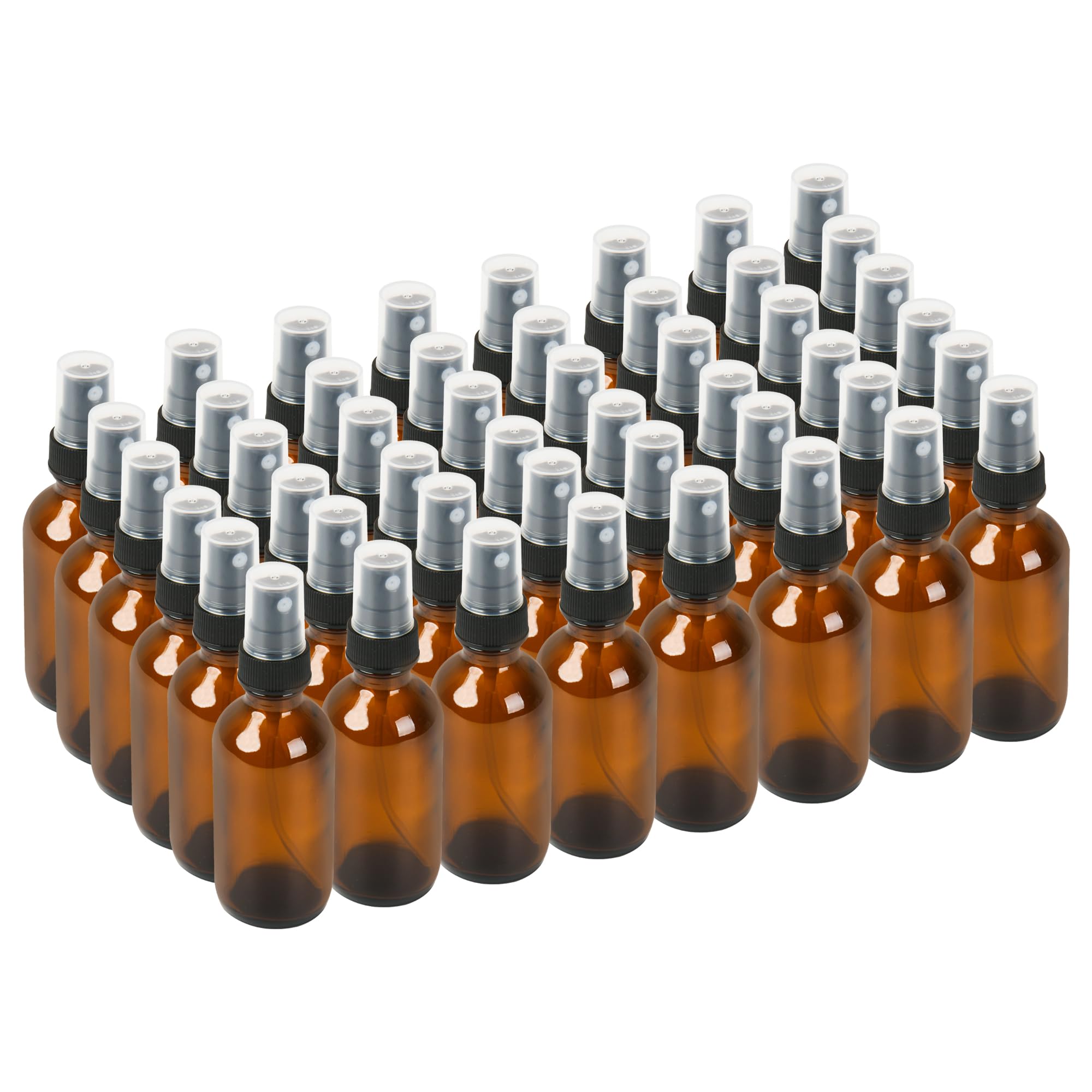 BILLIONSTARS 48 Pack 2oz Glass Boston Round Bottle with Fine Mist Sprayer - Amber - Essential Oils, Bath, Beauty, Hair & Cleaning - Leakproof Travel