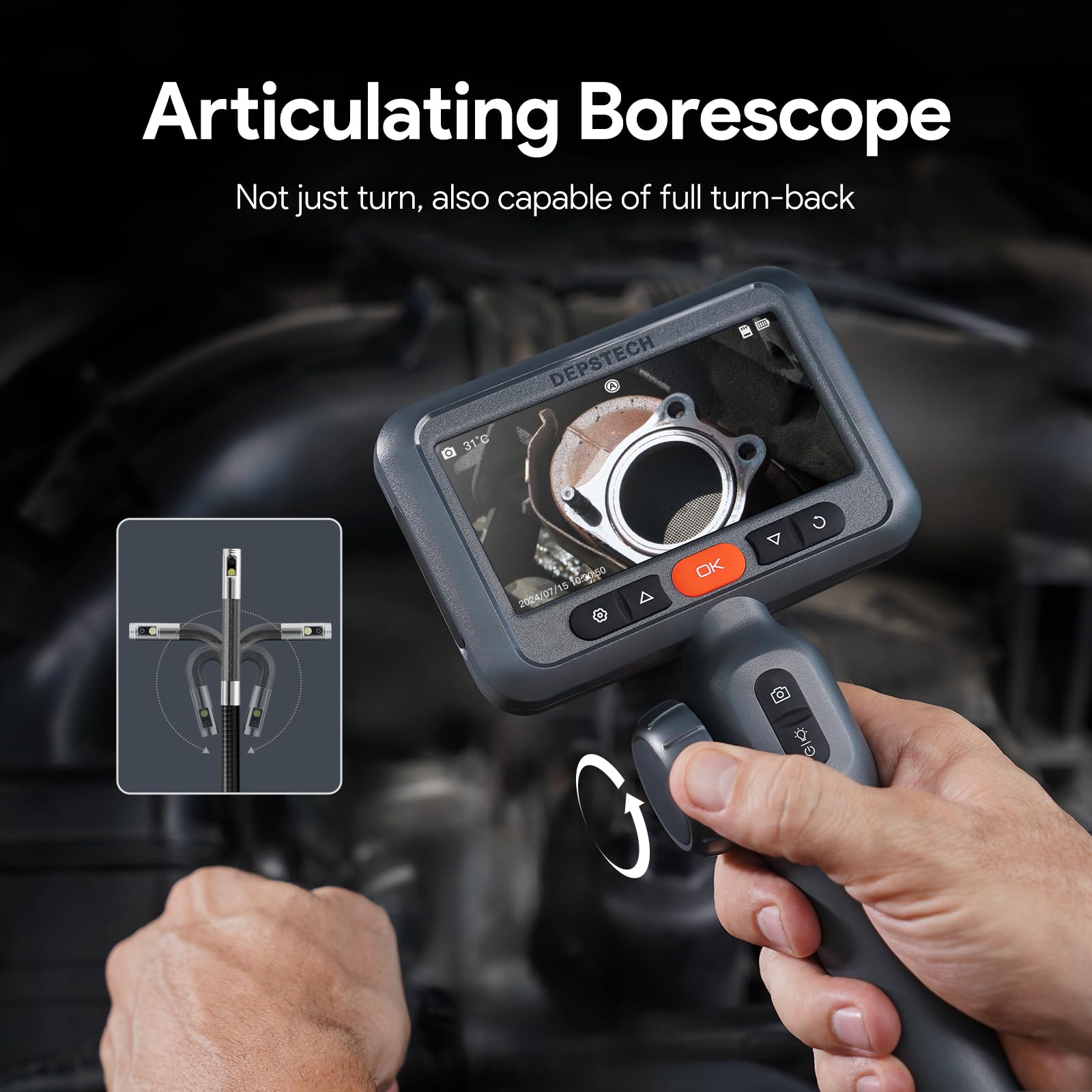 DEPSTECH Dual Lens Endoskopkamera mit Licht, 8,5mm Endoskop Beweglicher Kopf, 210° Drehbar Inspektionskamera, 1080P Rohrkamera, IP67 Flexible Kanalkamera Endoskop Kamera Kfz Werkzeug-3m