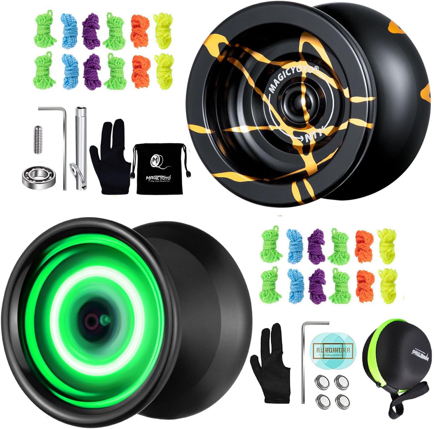 Pack of 2 Yoyos- MAGICYOYO N11 Black with Golden Dual Purpose Yoyo+ Y02 Black Yoyo Green LED Unresponsive Yoyo